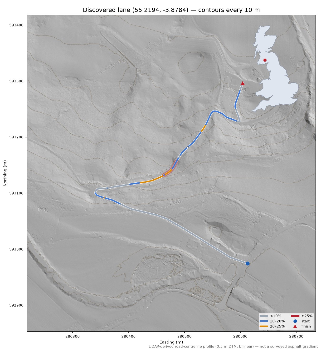 Discovered lane (55.2194, -3.8784) LiDAR hillshade map with contours