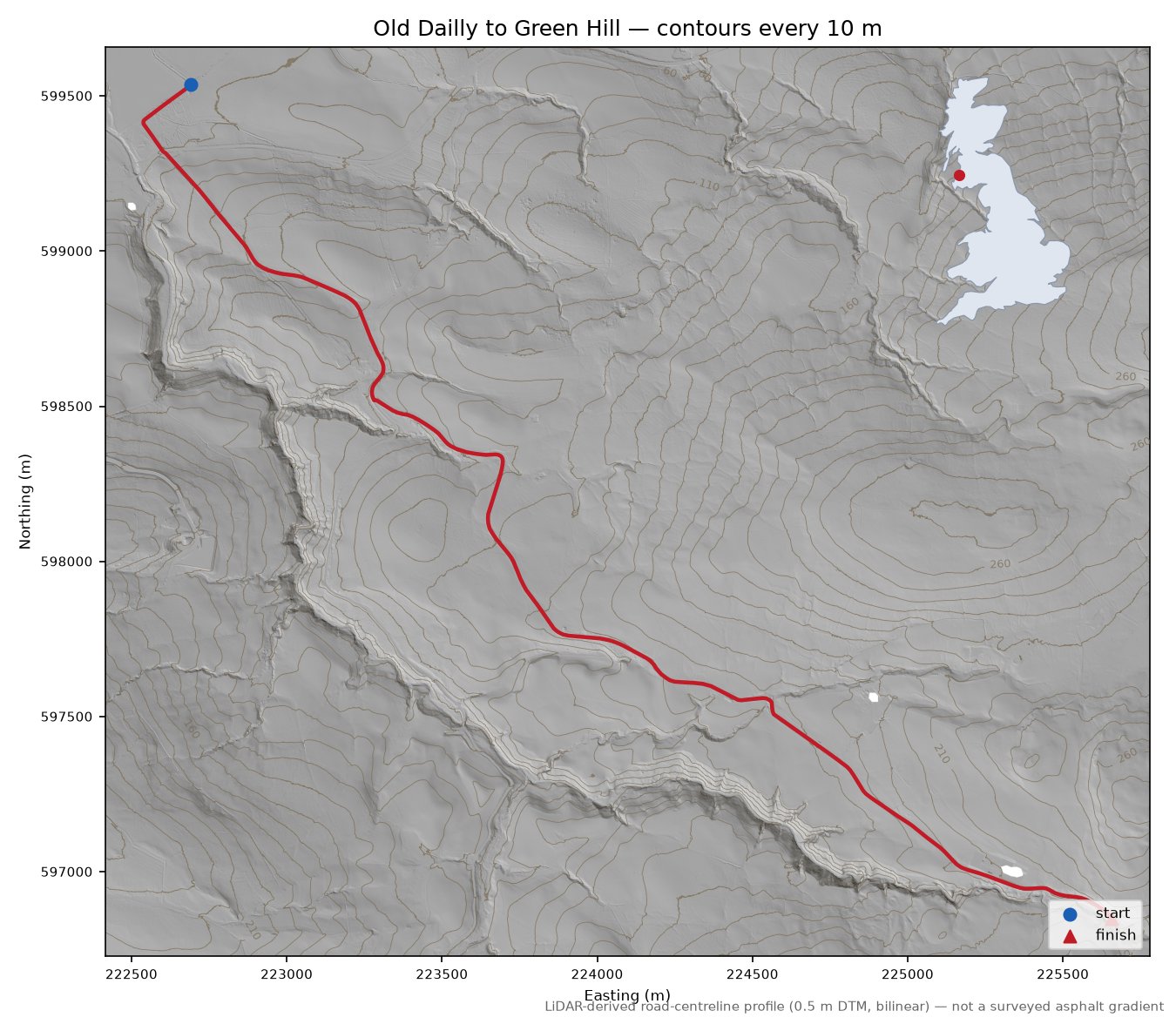 Old Dailly to Green Hill LiDAR hillshade map with contours