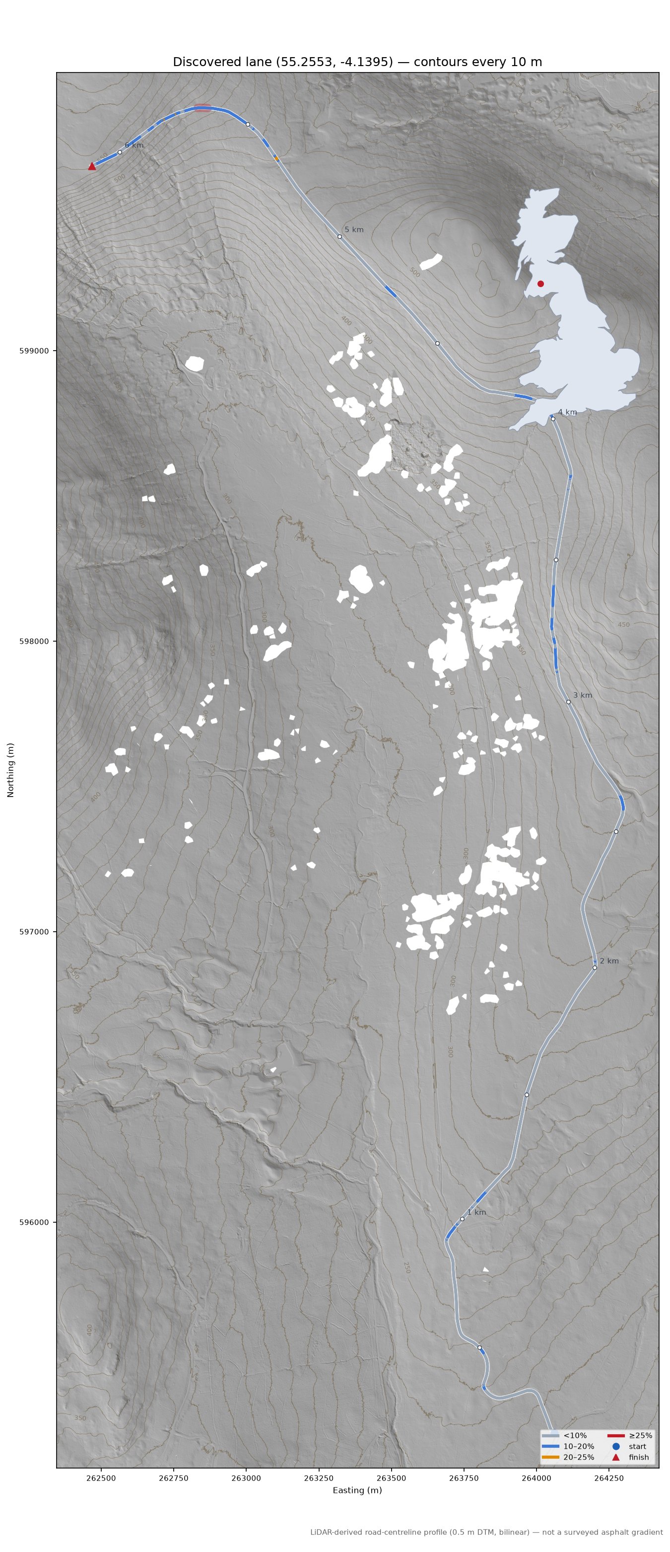 Discovered lane (55.2553, -4.1395) LiDAR hillshade map with contours