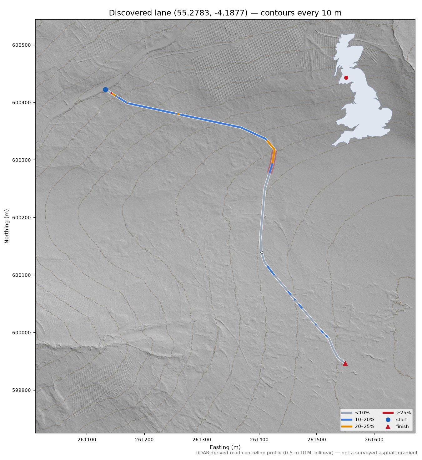 Discovered lane (55.2783, -4.1877) LiDAR hillshade map with contours