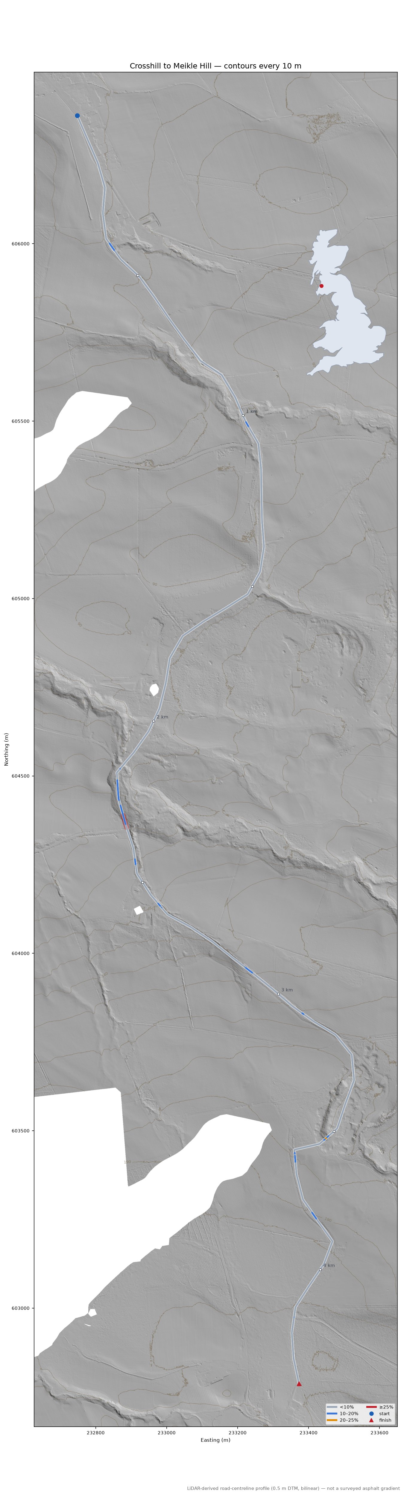 Crosshill to Meikle Hill LiDAR hillshade map with contours