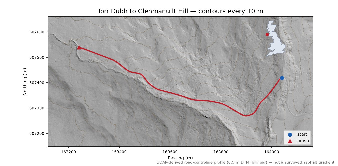 Torr Dubh to Glenmanuilt Hill LiDAR hillshade map with contours