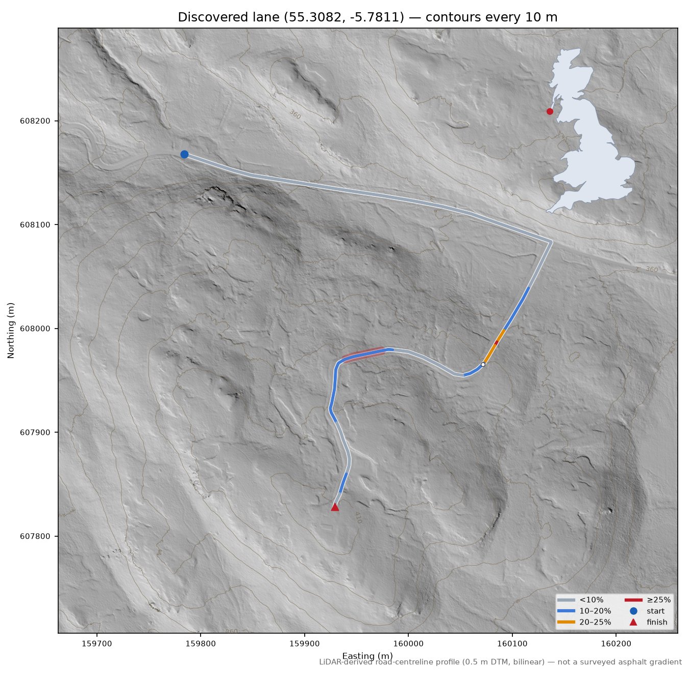 Discovered lane (55.3082, -5.7811) LiDAR hillshade map with contours