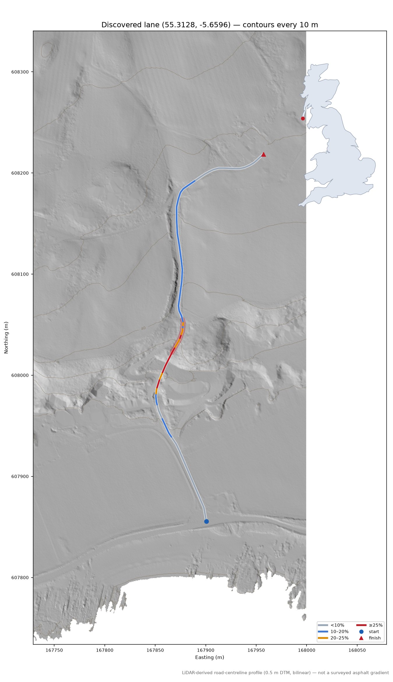 Discovered lane (55.3128, -5.6596) LiDAR hillshade map with contours