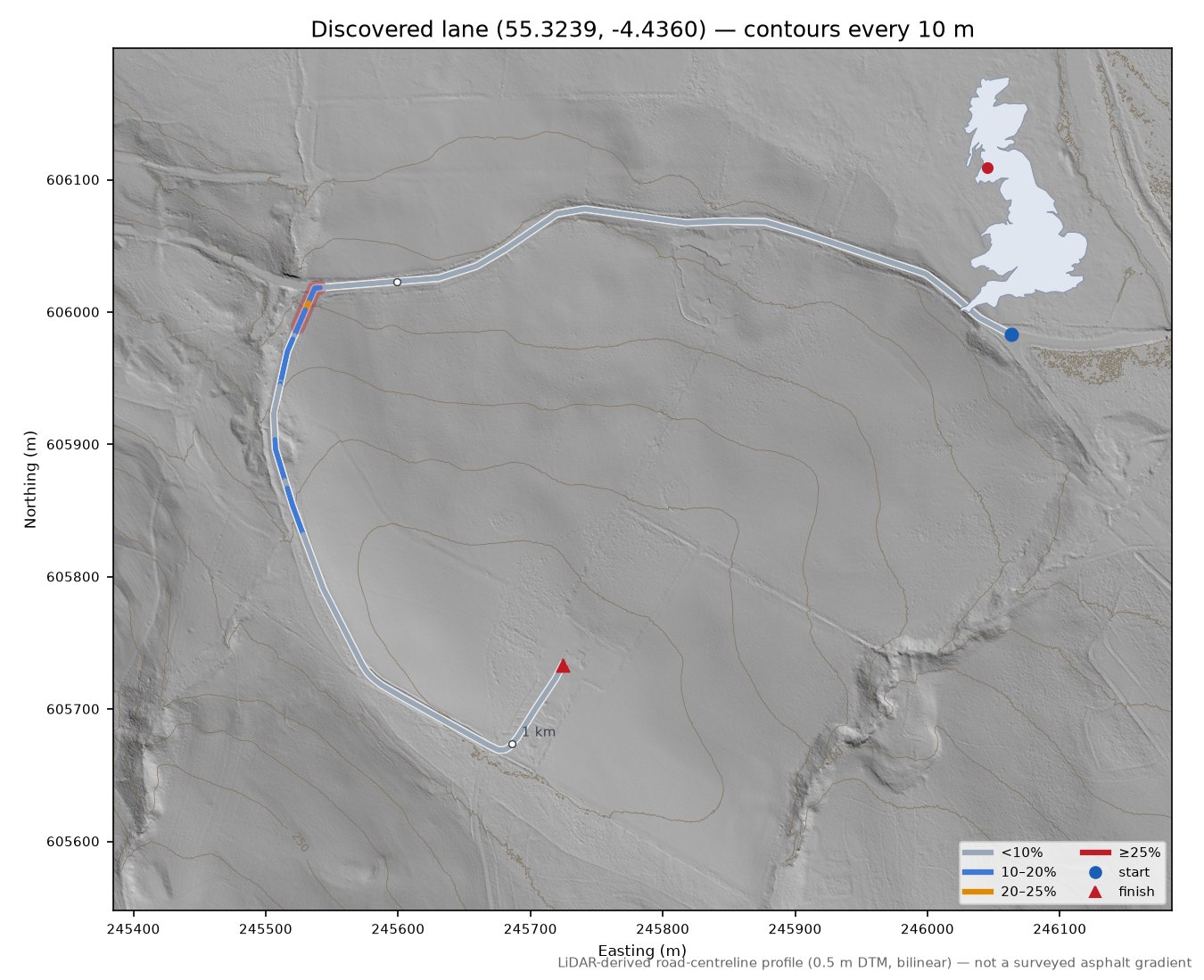 Discovered lane (55.3239, -4.4360) LiDAR hillshade map with contours