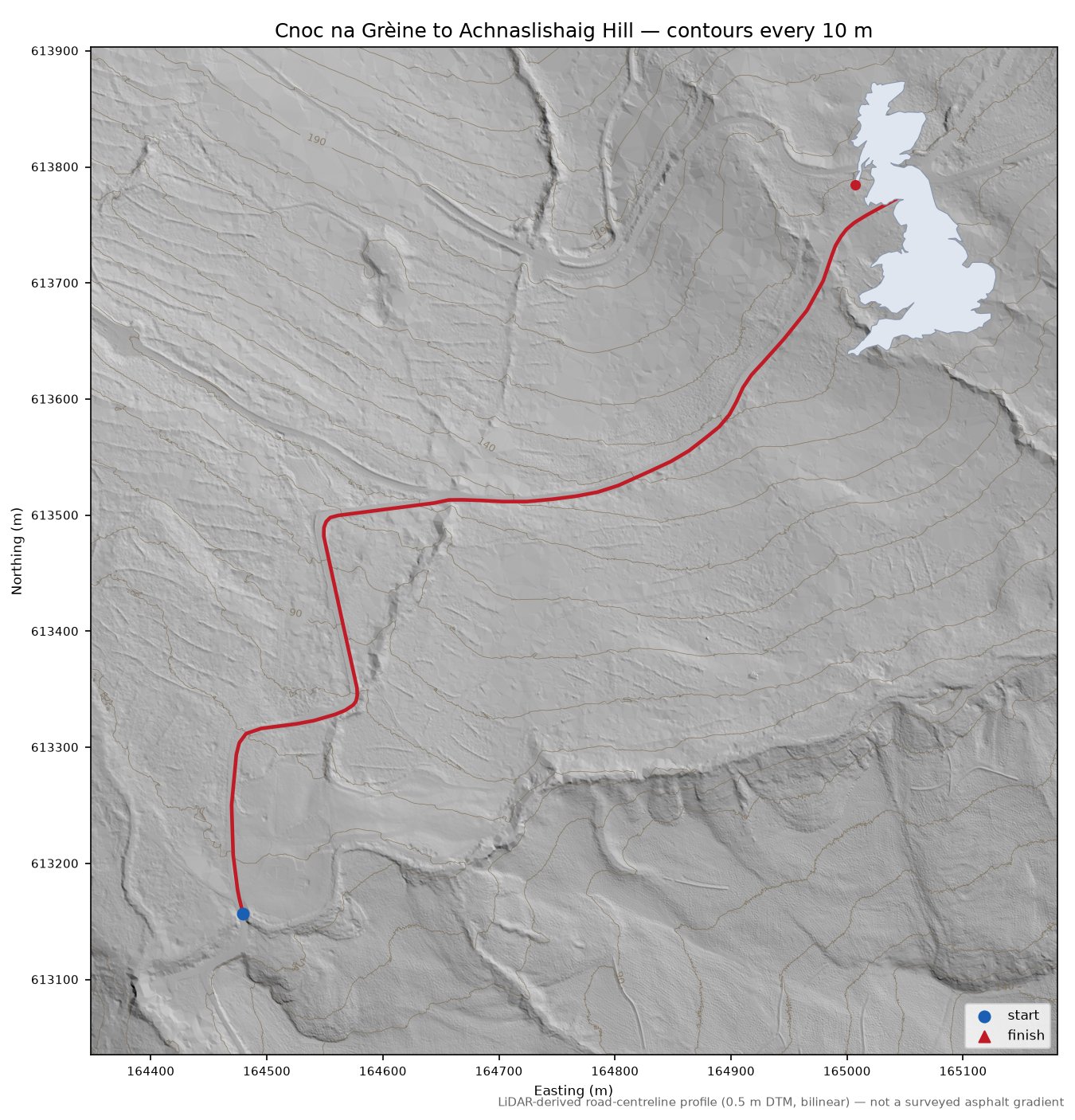 Cnoc na Grèine to Achnaslishaig Hill LiDAR hillshade map with contours