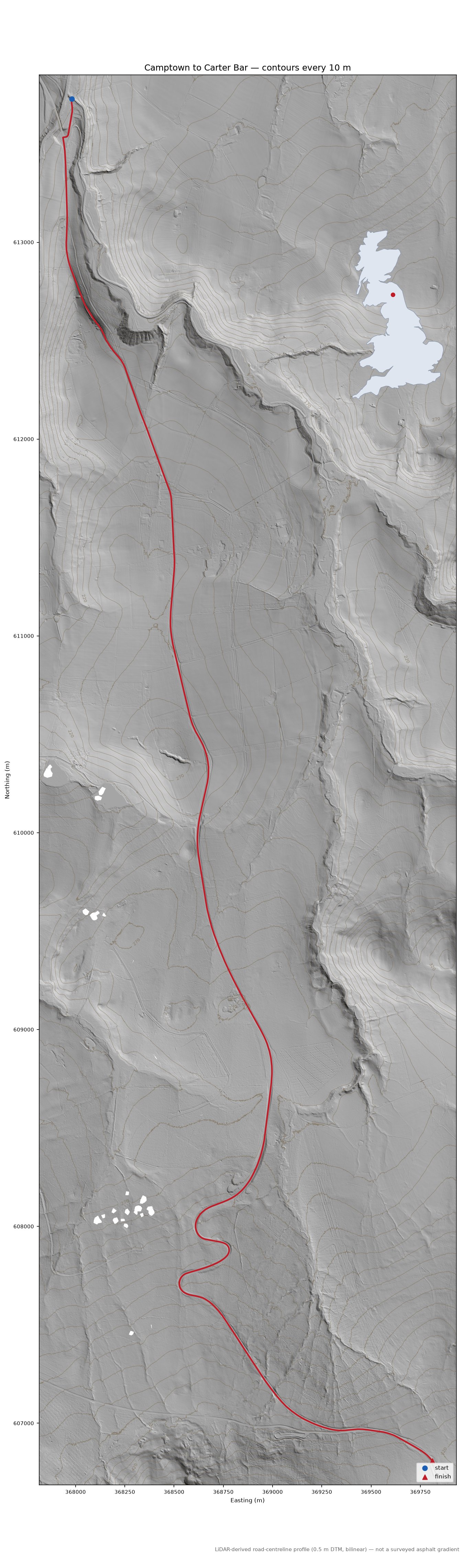Camptown to Carter Bar LiDAR hillshade map with contours