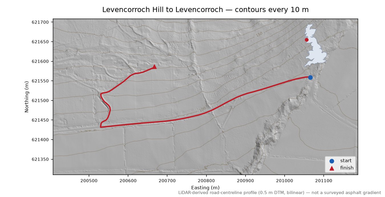 Levencorroch Hill to Levencorroch LiDAR hillshade map with contours