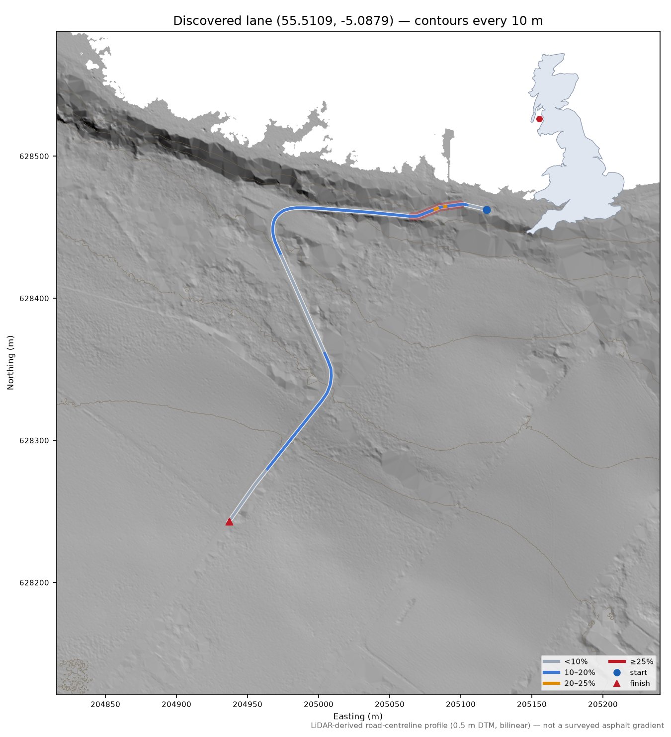 Discovered lane (55.5109, -5.0879) LiDAR hillshade map with contours