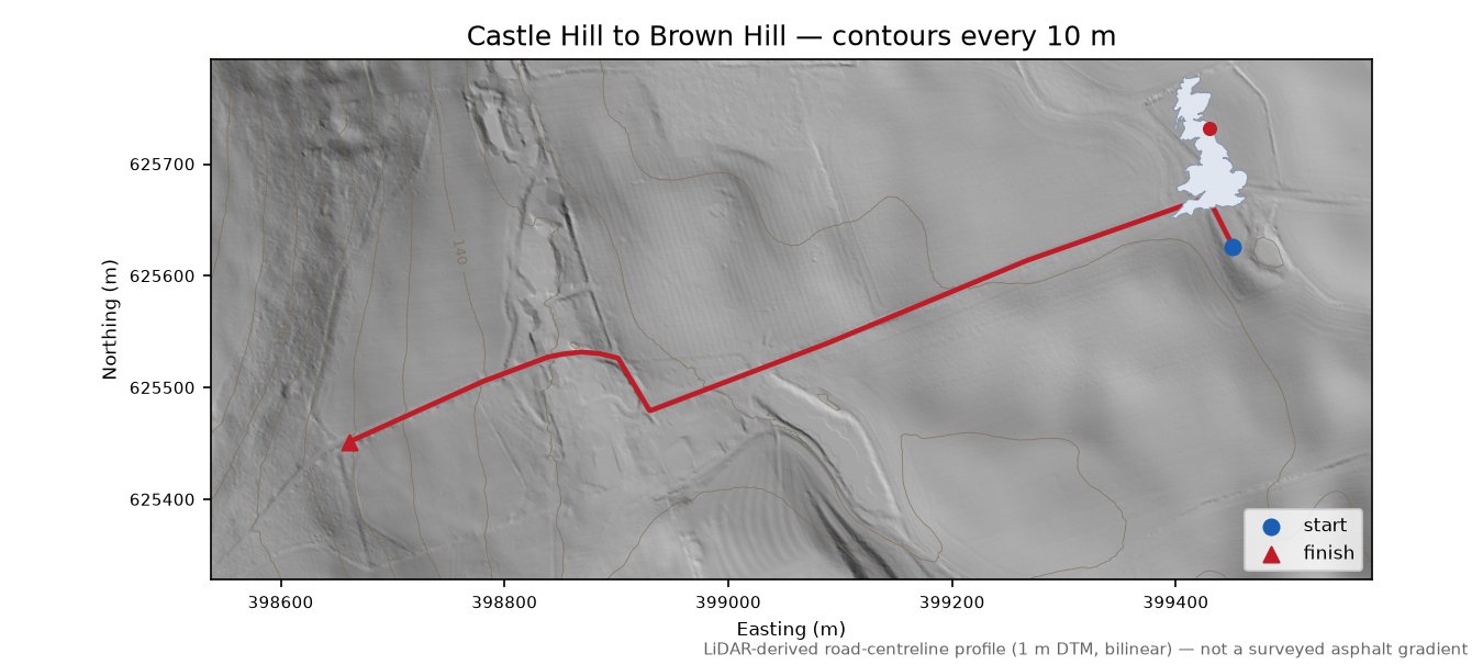Castle Hill to Brown Hill LiDAR hillshade map with contours
