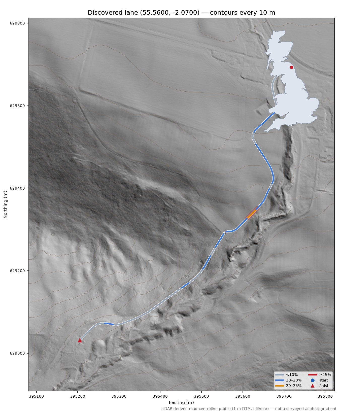 Discovered lane (55.5600, -2.0700) LiDAR hillshade map with contours