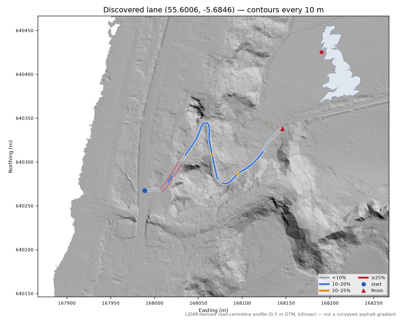 Discovered lane (55.6006, -5.6846) LiDAR hillshade map with contours