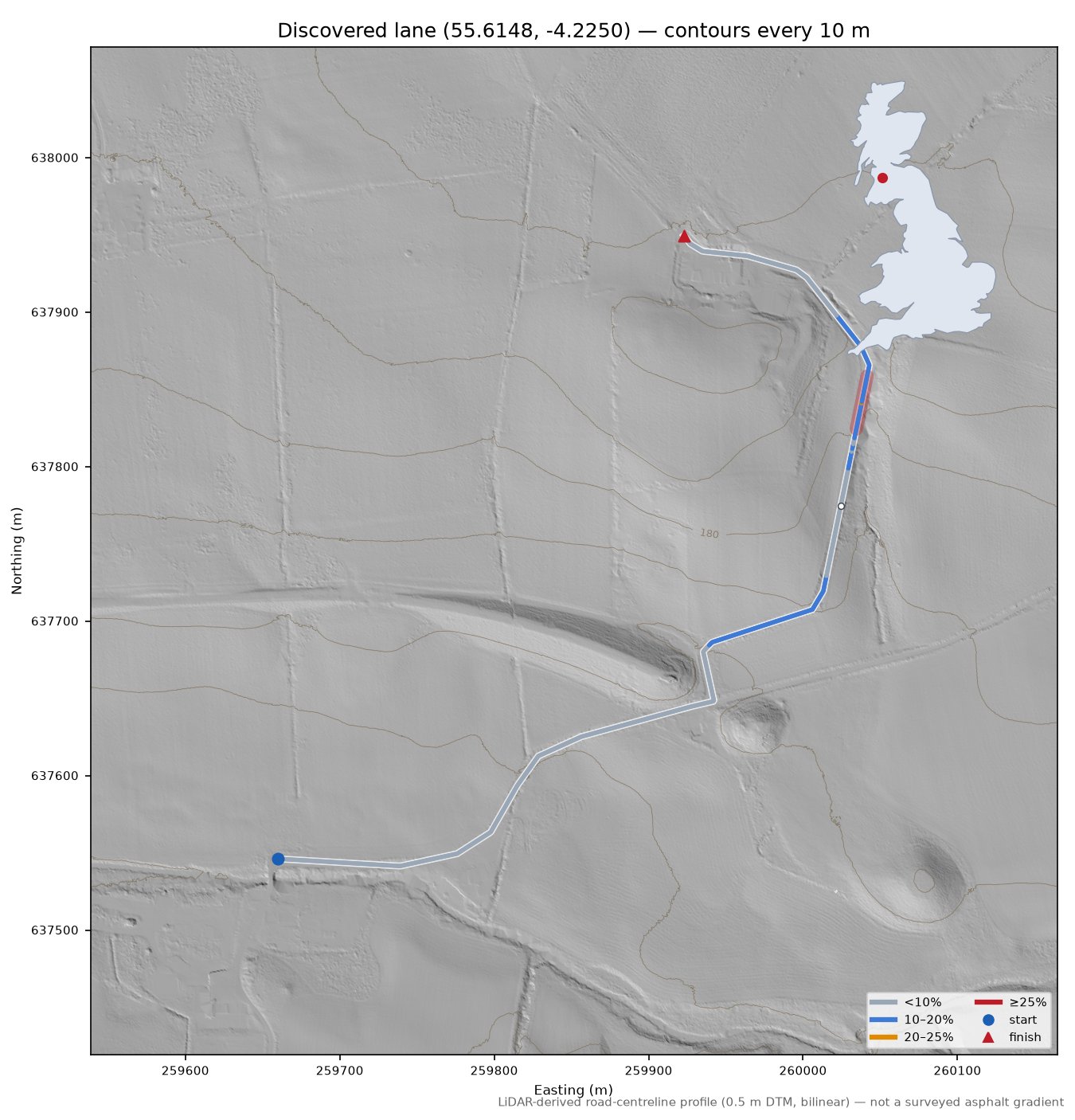 Discovered lane (55.6148, -4.2250) LiDAR hillshade map with contours