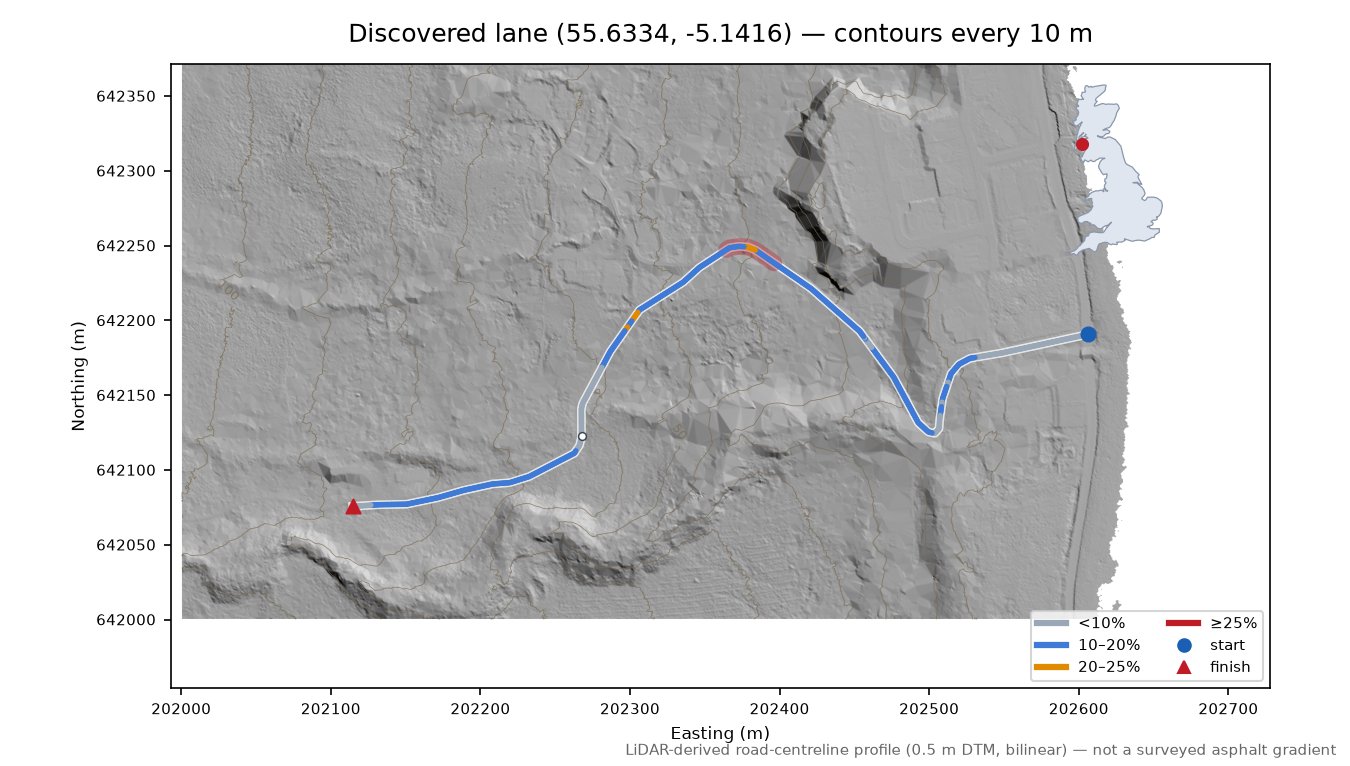 Discovered lane (55.6334, -5.1416) LiDAR hillshade map with contours