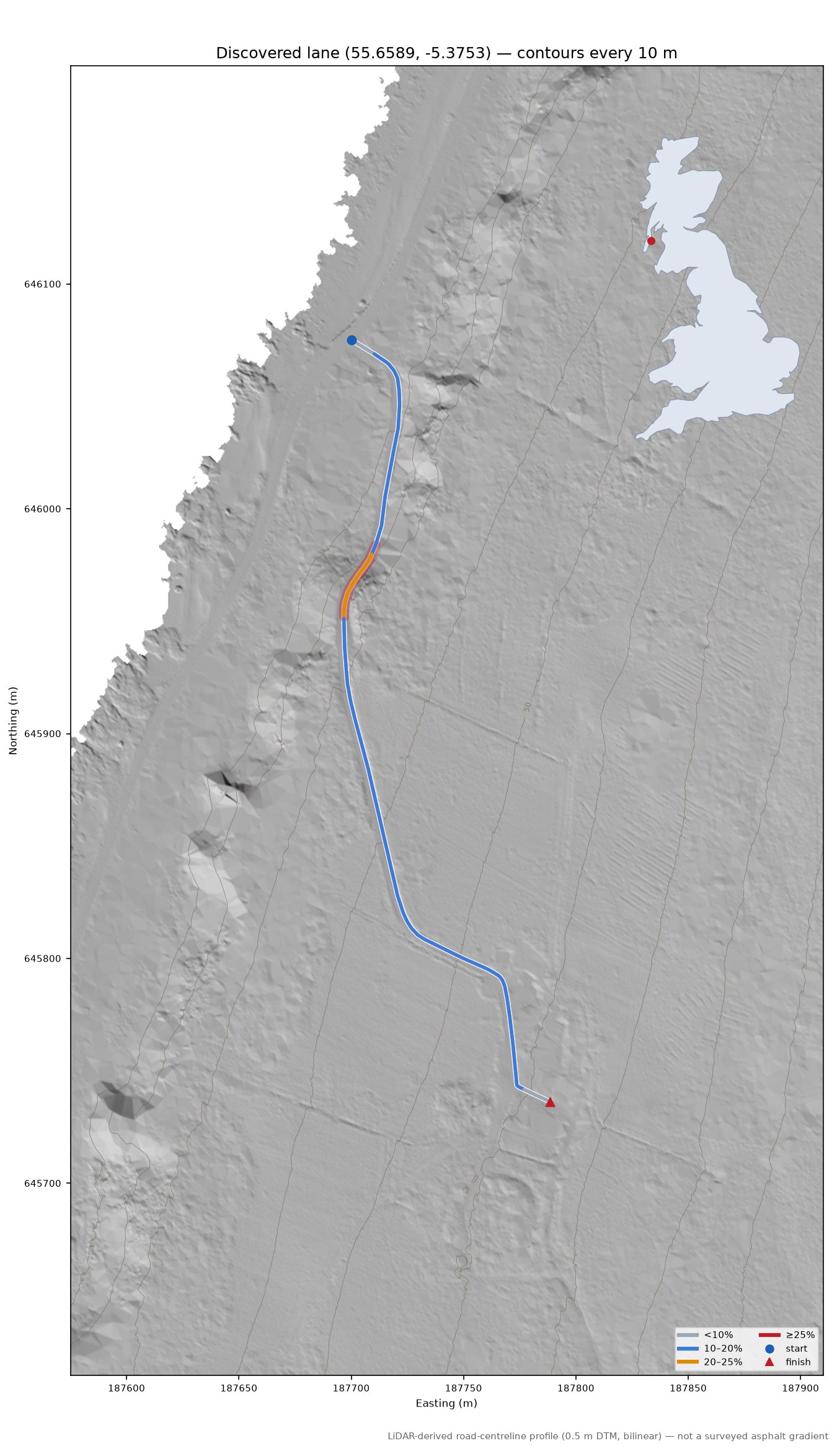 Discovered lane (55.6589, -5.3753) LiDAR hillshade map with contours