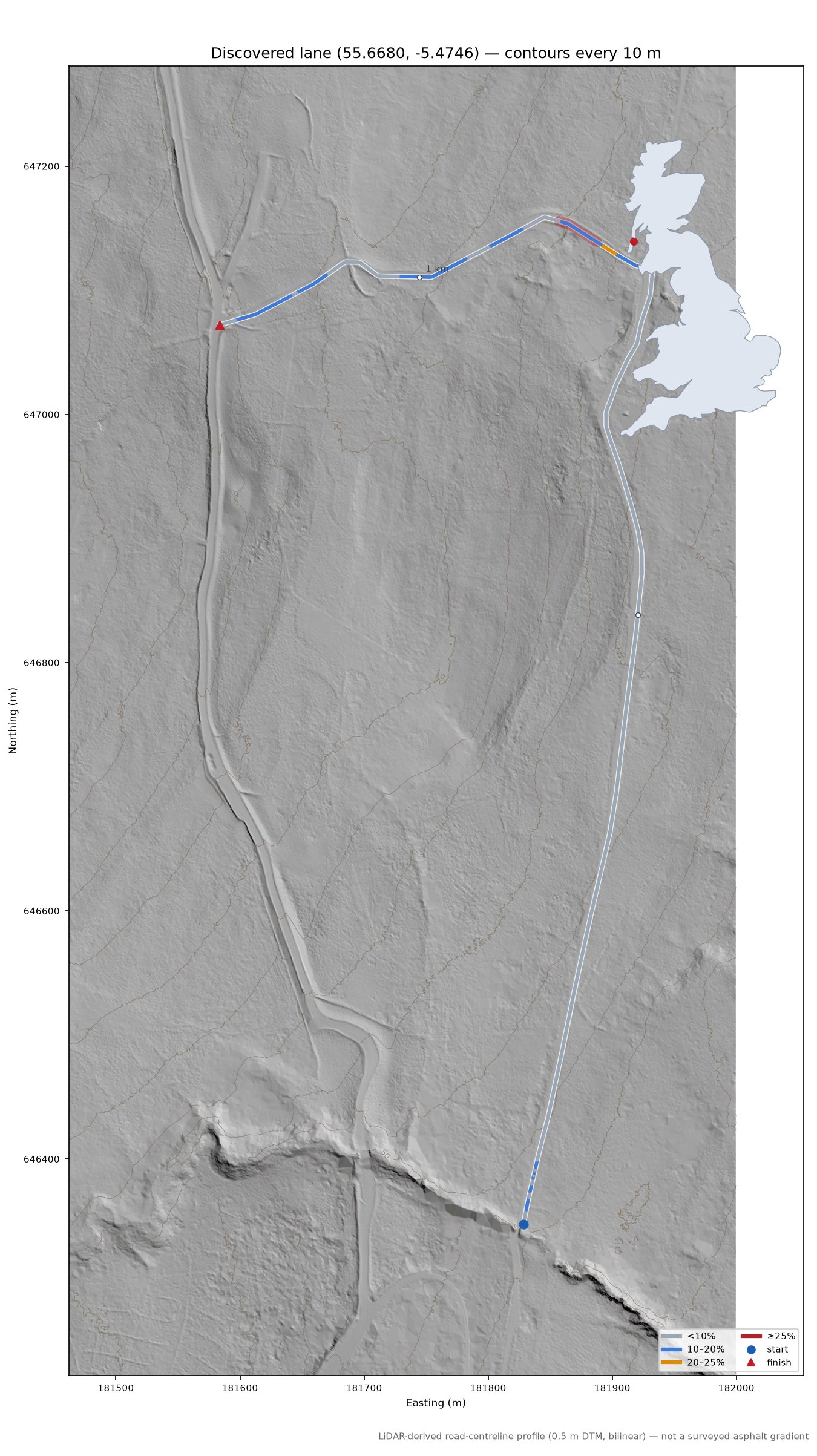 Discovered lane (55.6680, -5.4746) LiDAR hillshade map with contours
