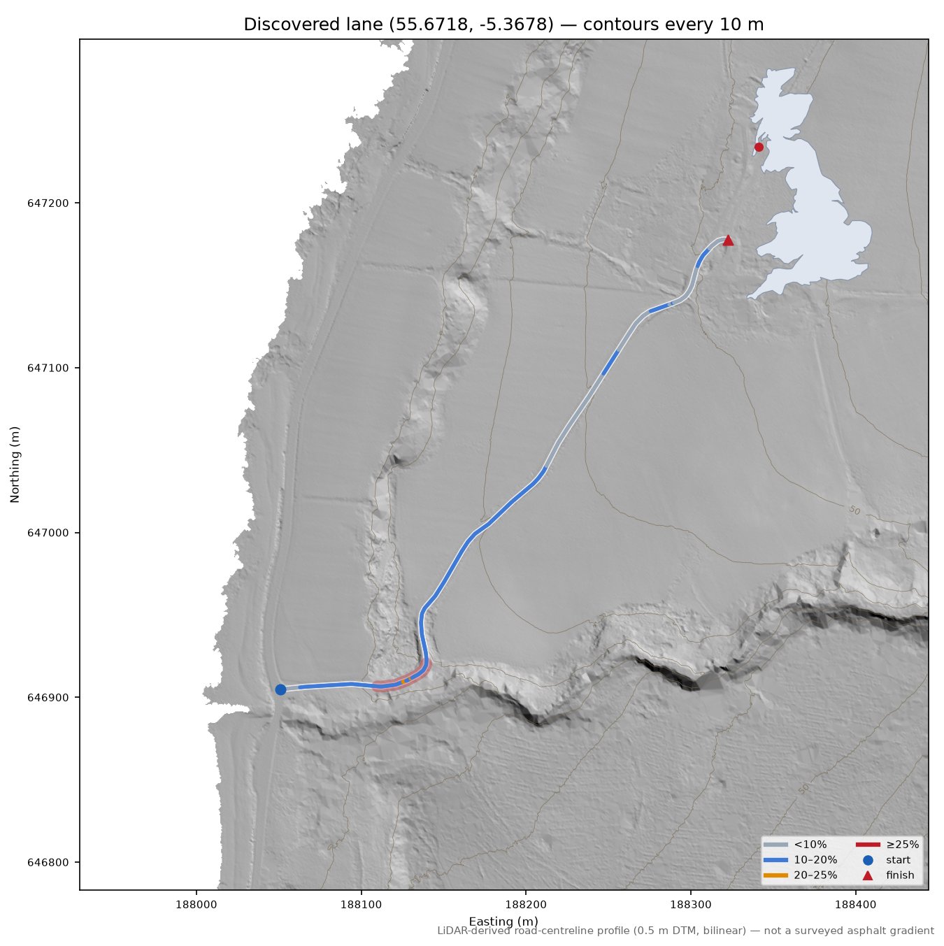 Discovered lane (55.6718, -5.3678) LiDAR hillshade map with contours