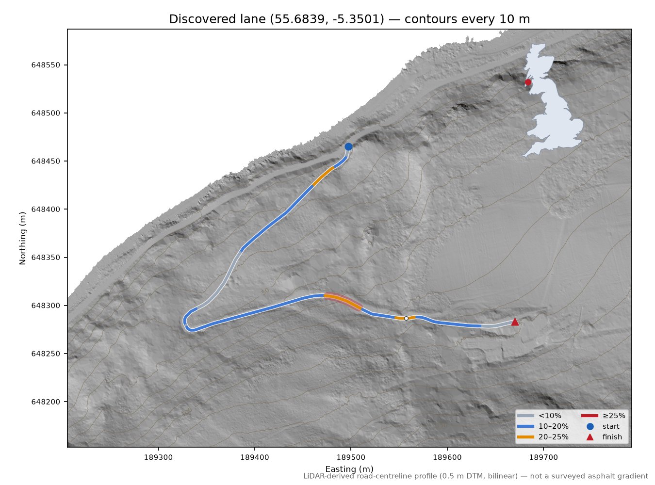 Discovered lane (55.6839, -5.3501) LiDAR hillshade map with contours