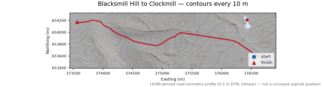 Blacksmill Hill to Clockmill LiDAR hillshade map with contours
