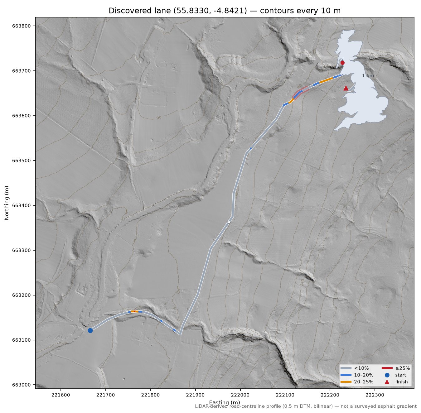 Discovered lane (55.8330, -4.8421) LiDAR hillshade map with contours