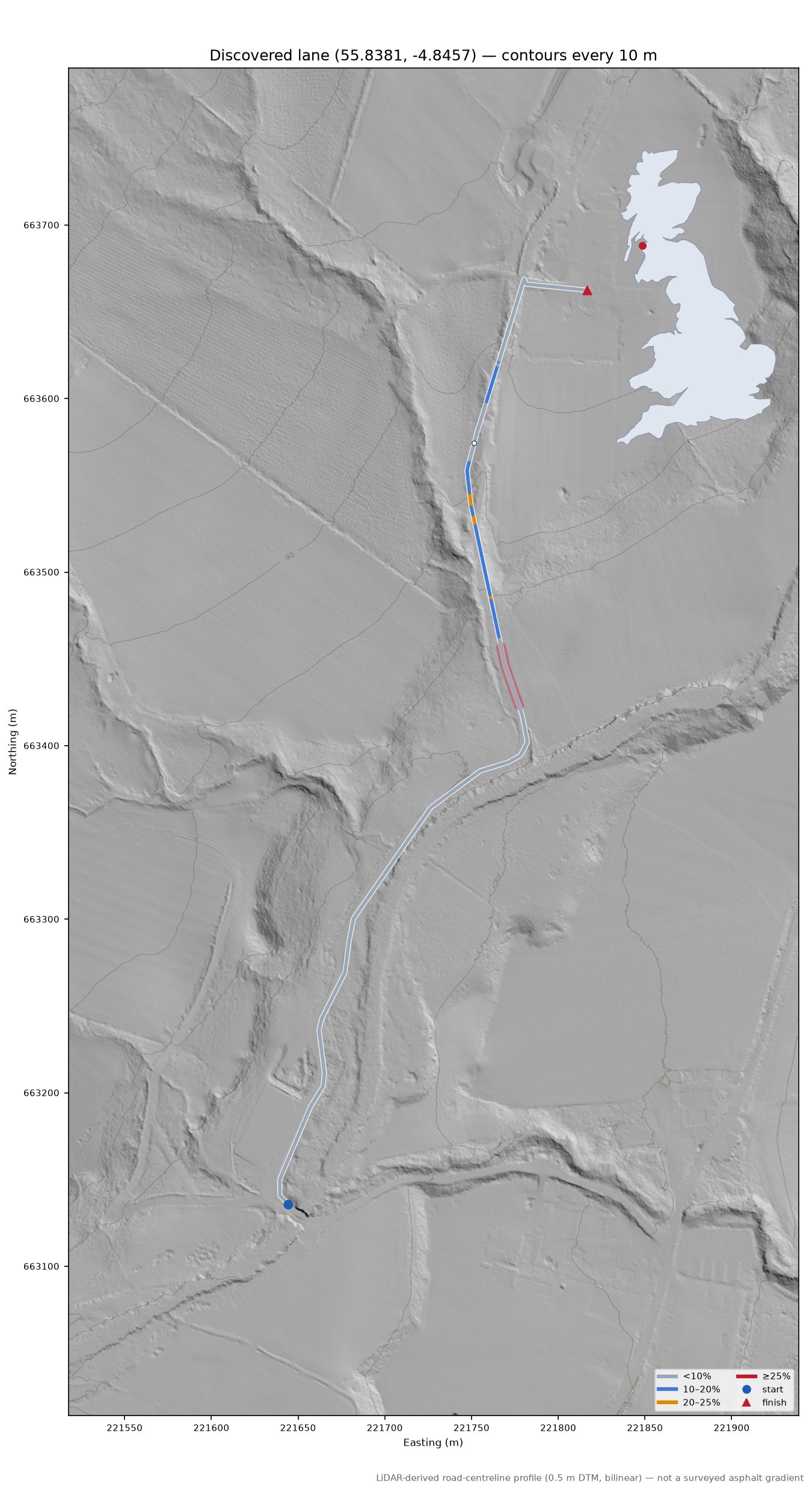 Discovered lane (55.8381, -4.8457) LiDAR hillshade map with contours