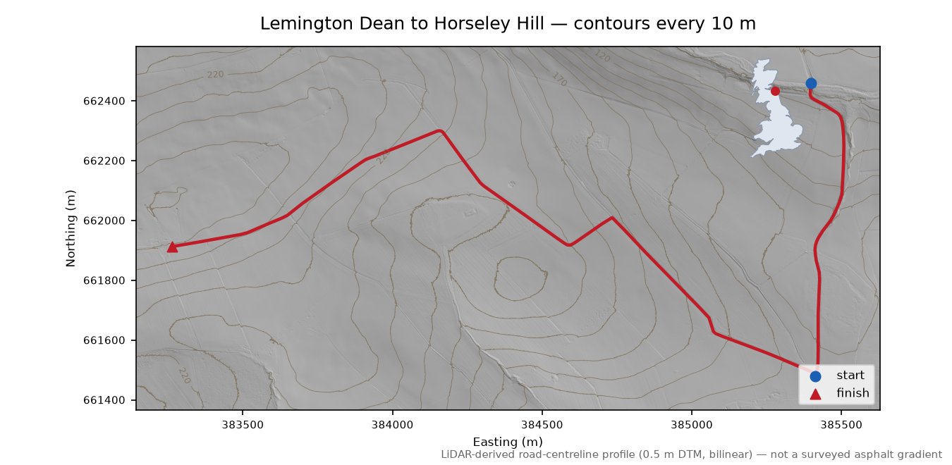 Lemington Dean to Horseley Hill LiDAR hillshade map with contours