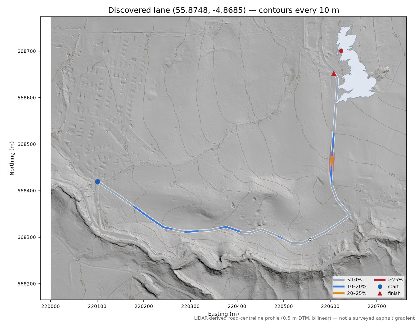 Discovered lane (55.8748, -4.8685) LiDAR hillshade map with contours