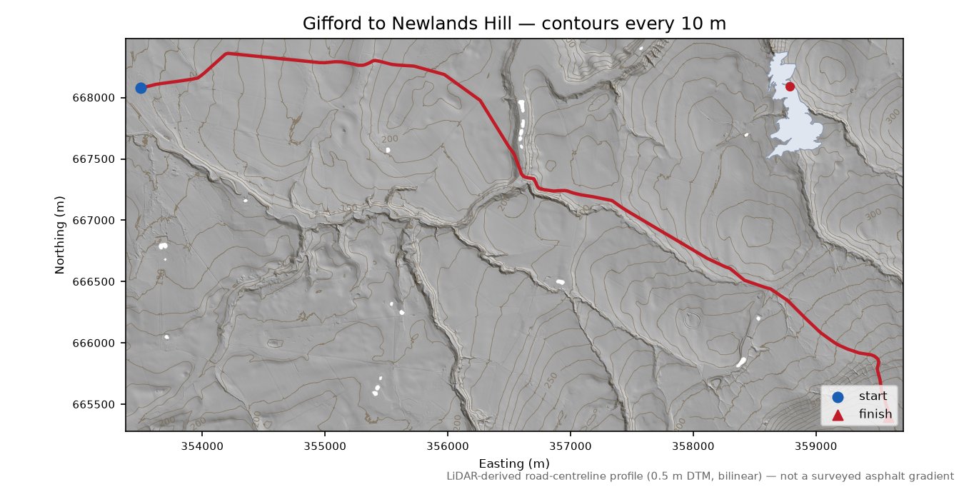 Gifford to Newlands Hill LiDAR hillshade map with contours
