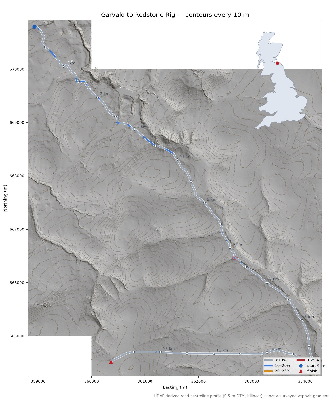 Garvald to Redstone Rig LiDAR hillshade map with contours