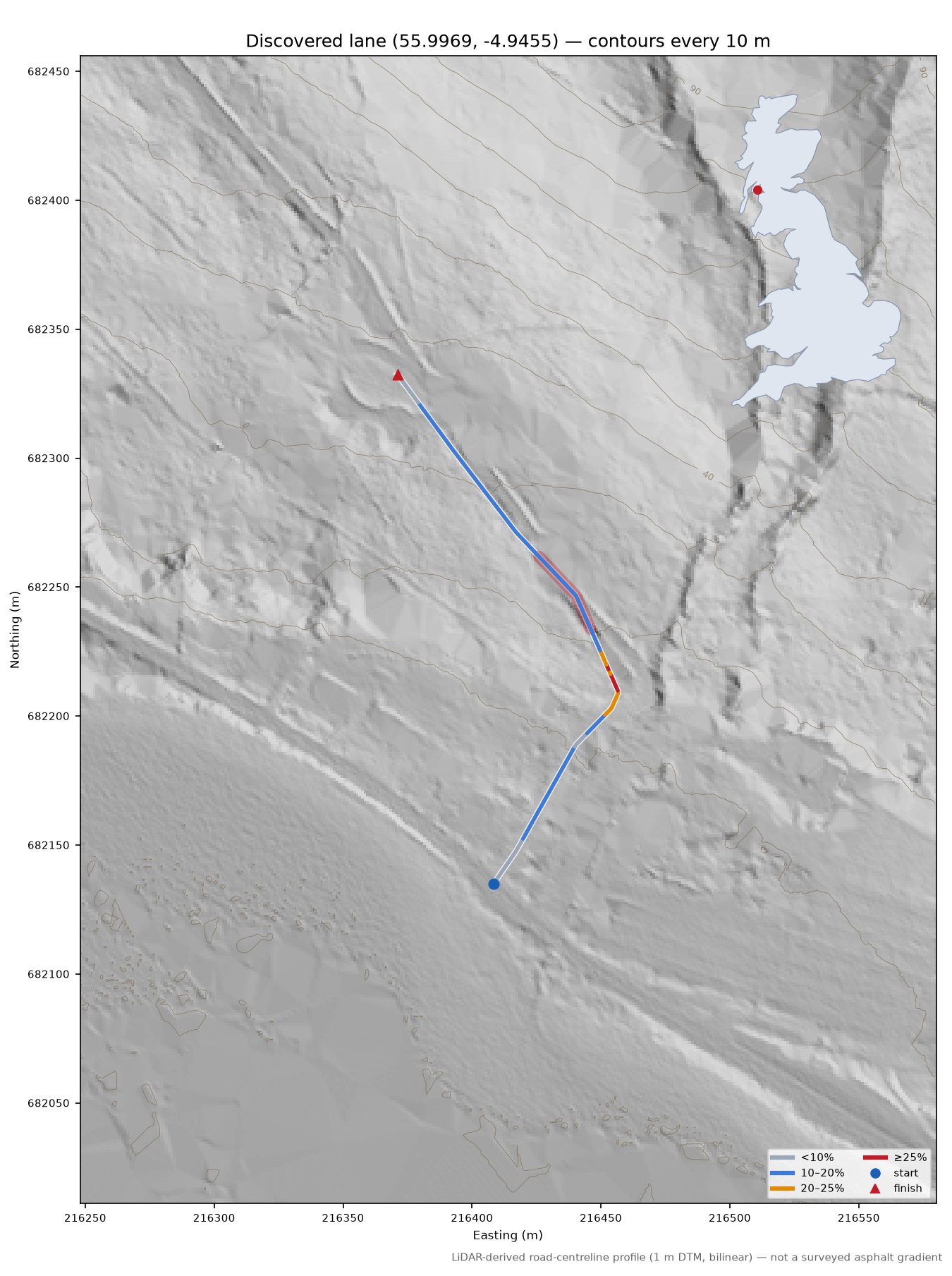 Discovered lane (55.9969, -4.9455) LiDAR hillshade map with contours