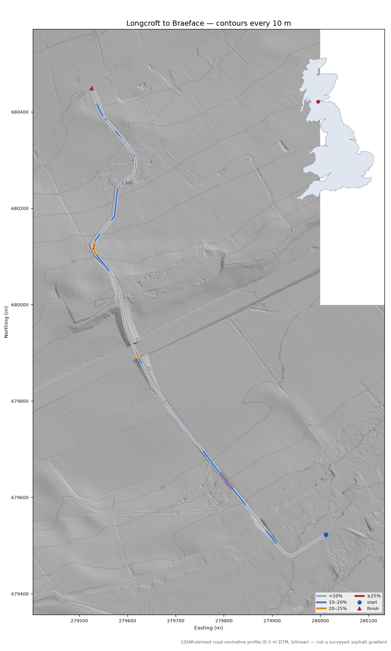 Longcroft to Braeface LiDAR hillshade map with contours