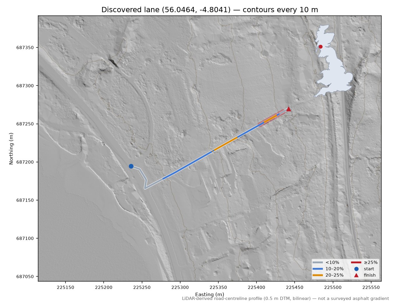 Discovered lane (56.0464, -4.8041) LiDAR hillshade map with contours