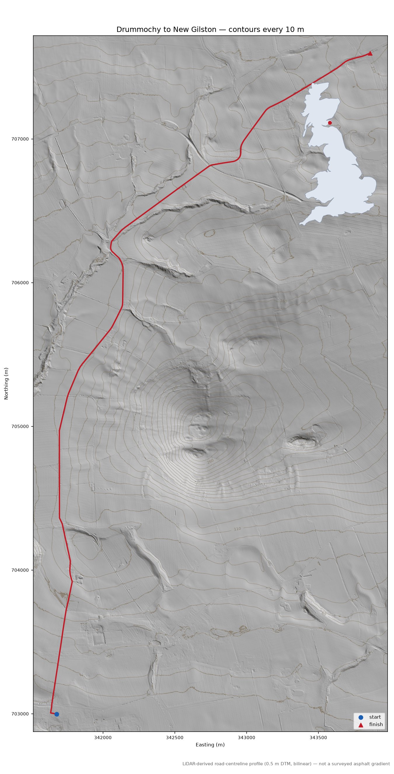 Drummochy to New Gilston LiDAR hillshade map with contours