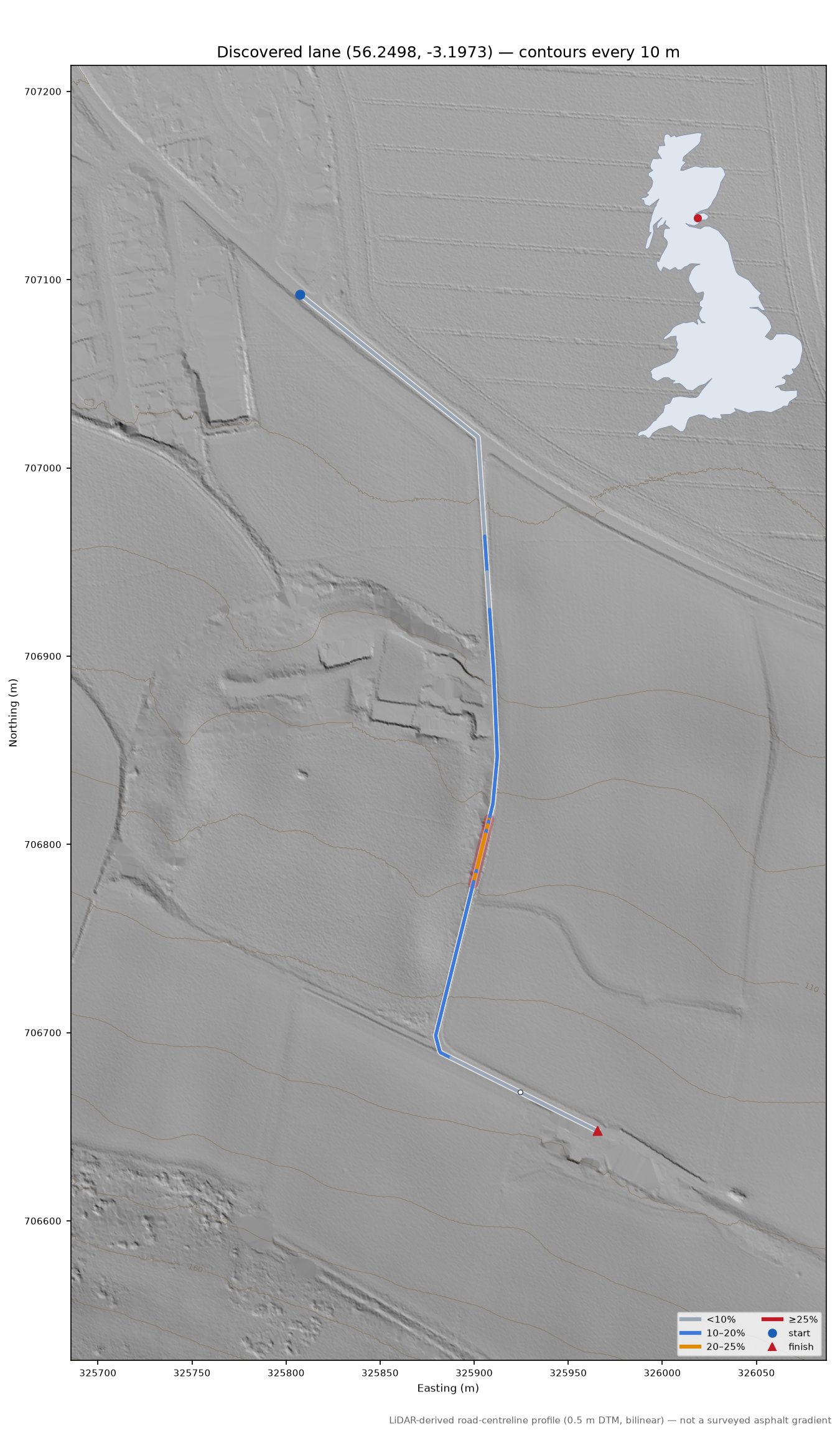 Discovered lane (56.2498, -3.1973) LiDAR hillshade map with contours