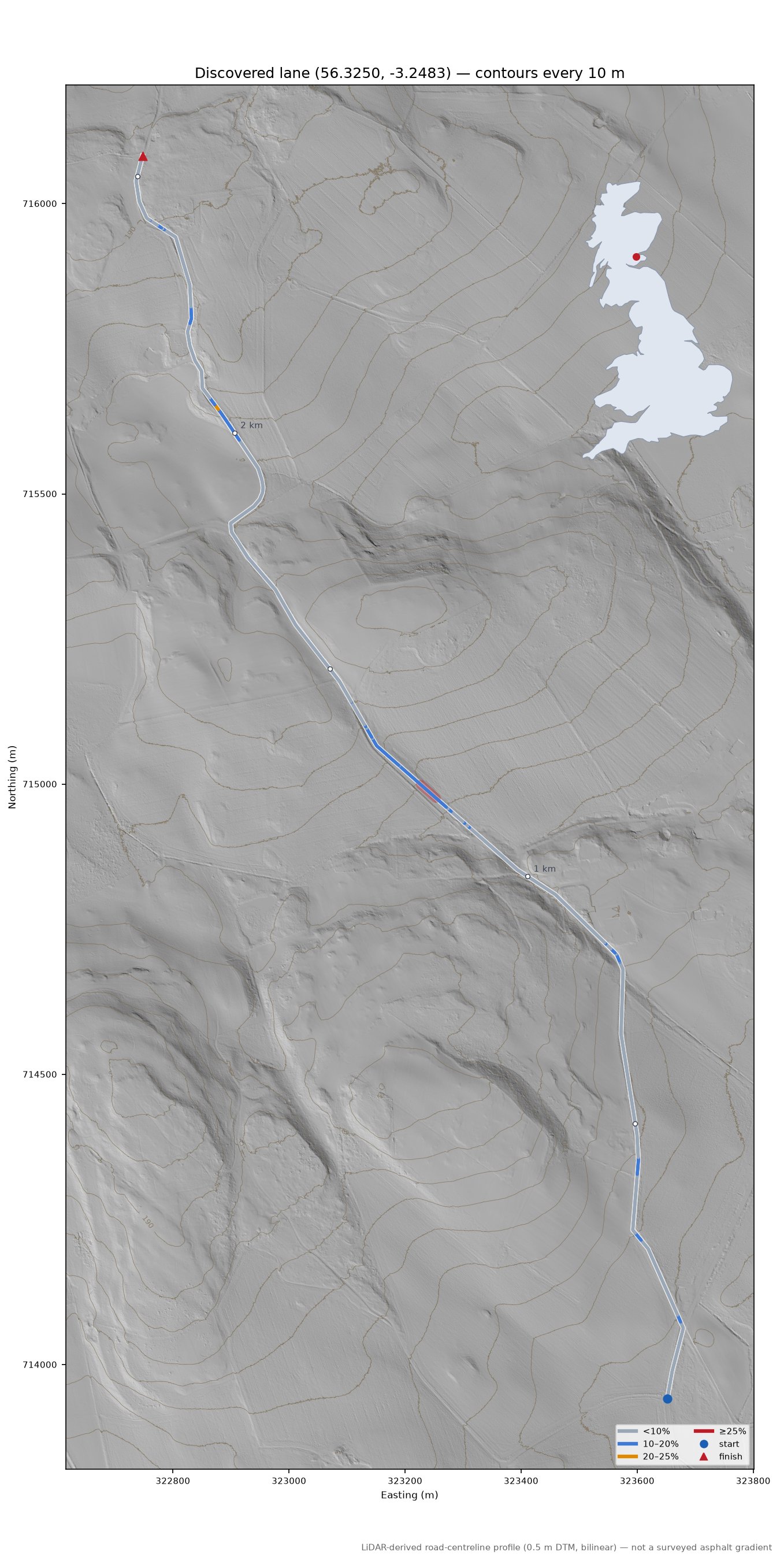 Discovered lane (56.3250, -3.2483) LiDAR hillshade map with contours