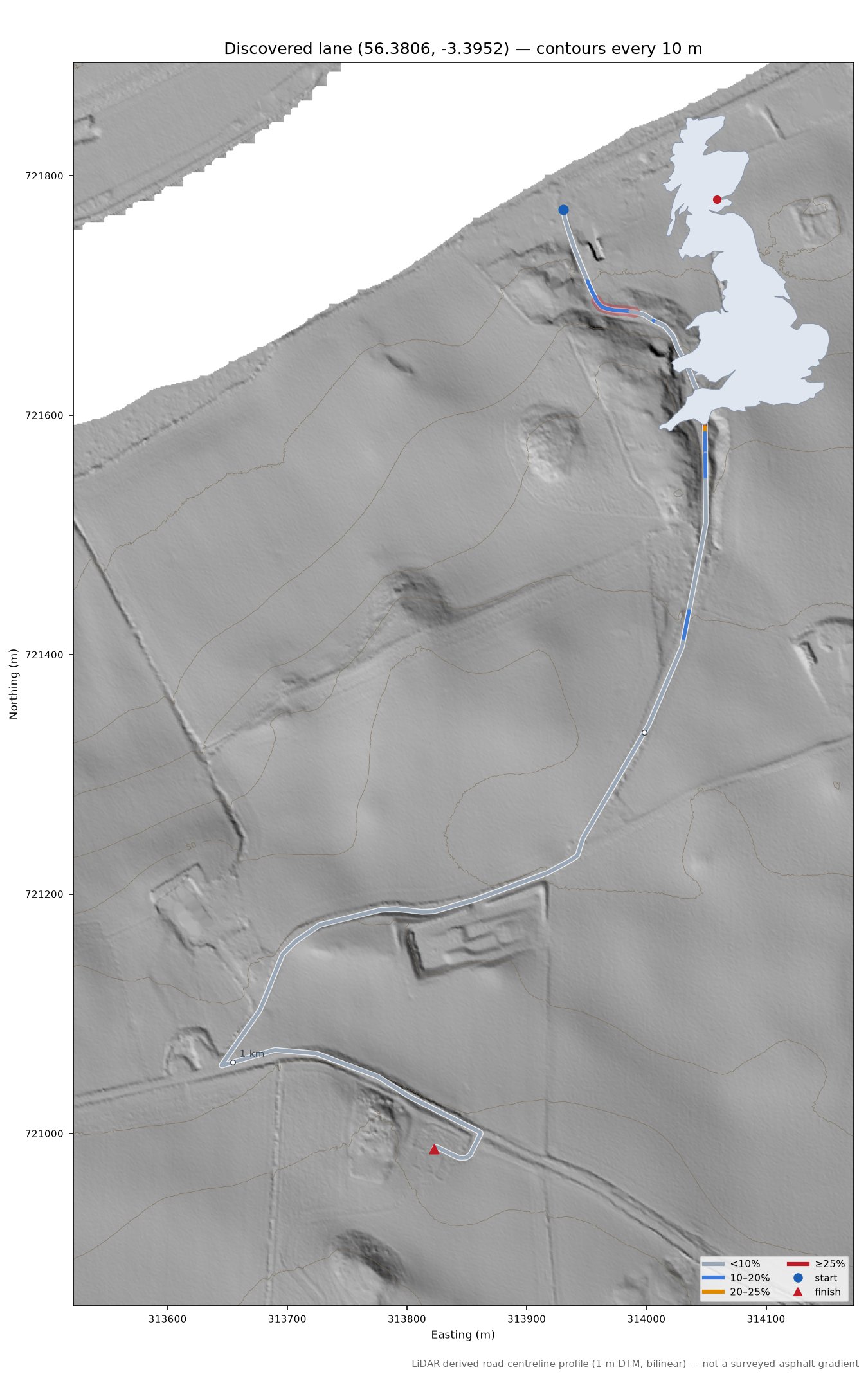 Discovered lane (56.3806, -3.3952) LiDAR hillshade map with contours