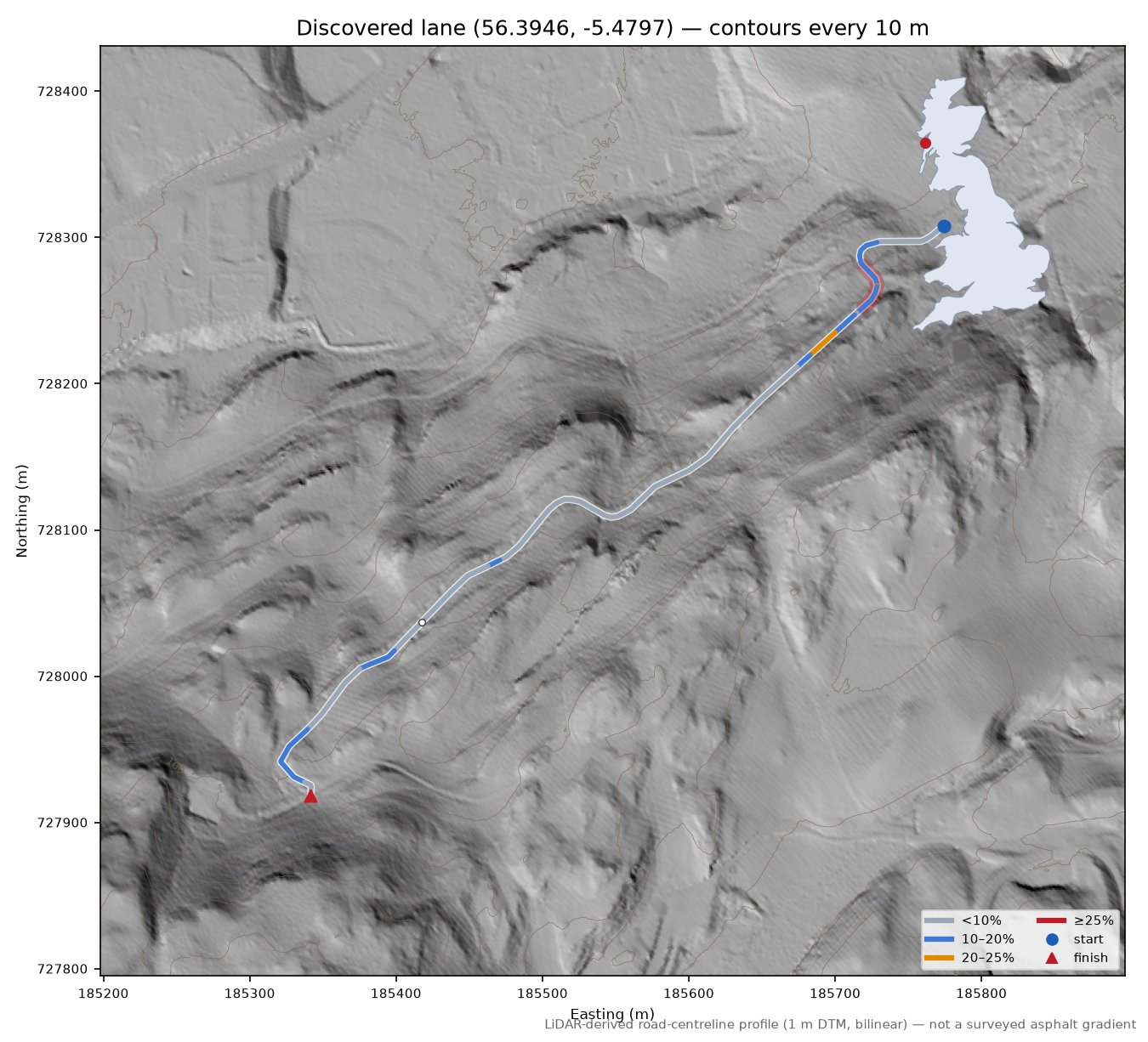 Discovered lane (56.3946, -5.4797) LiDAR hillshade map with contours