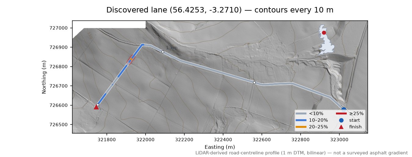 Discovered lane (56.4253, -3.2710) LiDAR hillshade map with contours