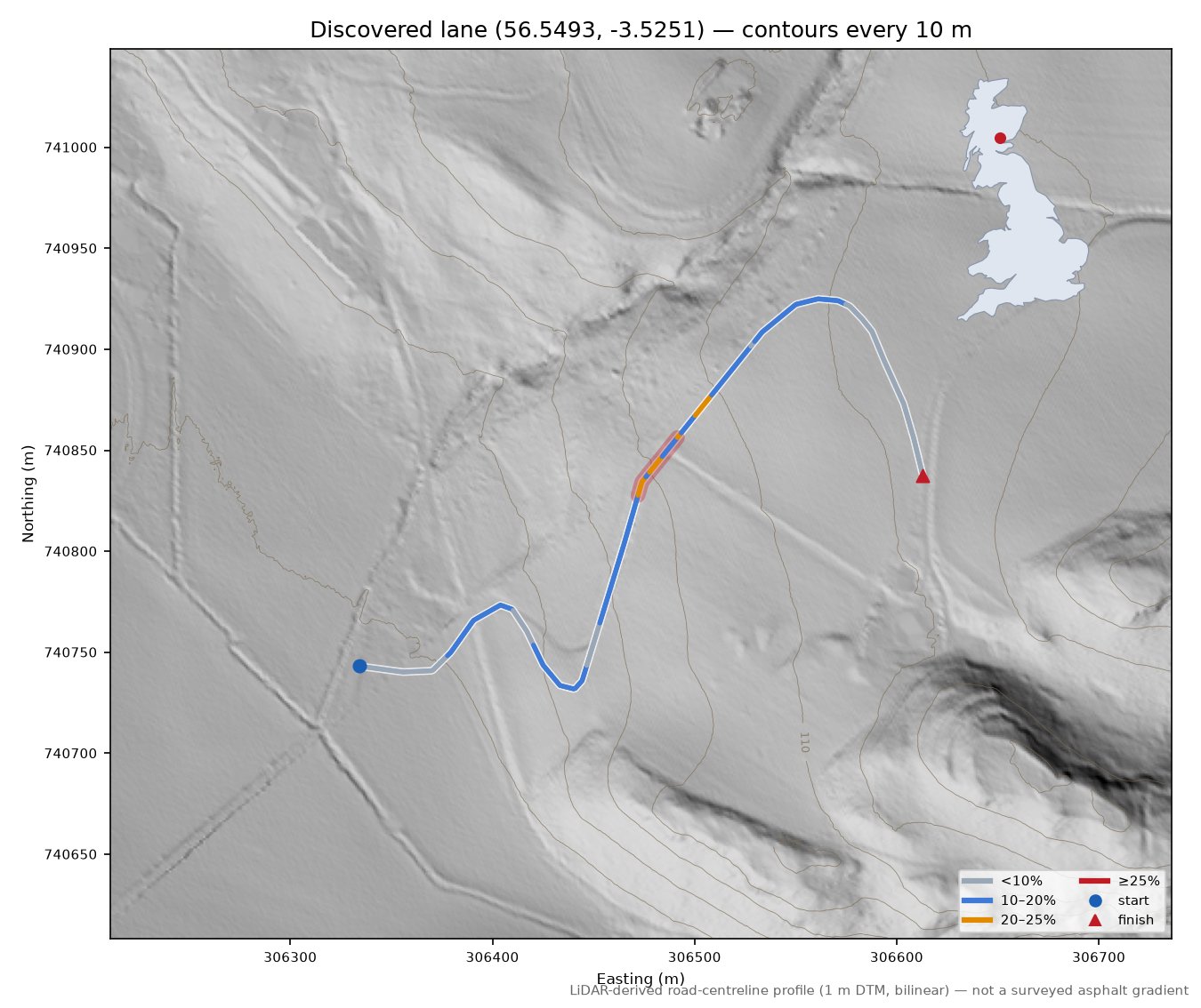 Discovered lane (56.5493, -3.5251) LiDAR hillshade map with contours
