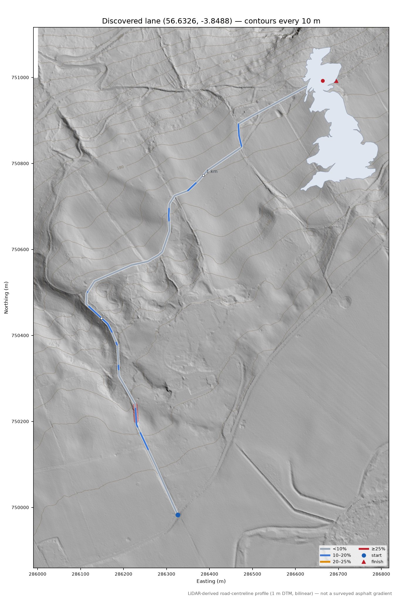 Discovered lane (56.6326, -3.8488) LiDAR hillshade map with contours