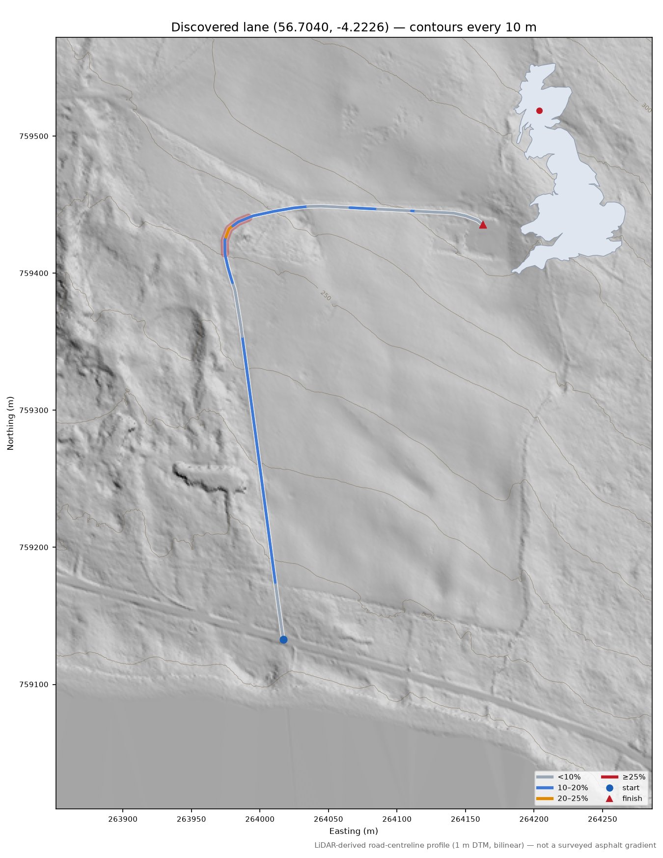 Discovered lane (56.7040, -4.2226) LiDAR hillshade map with contours