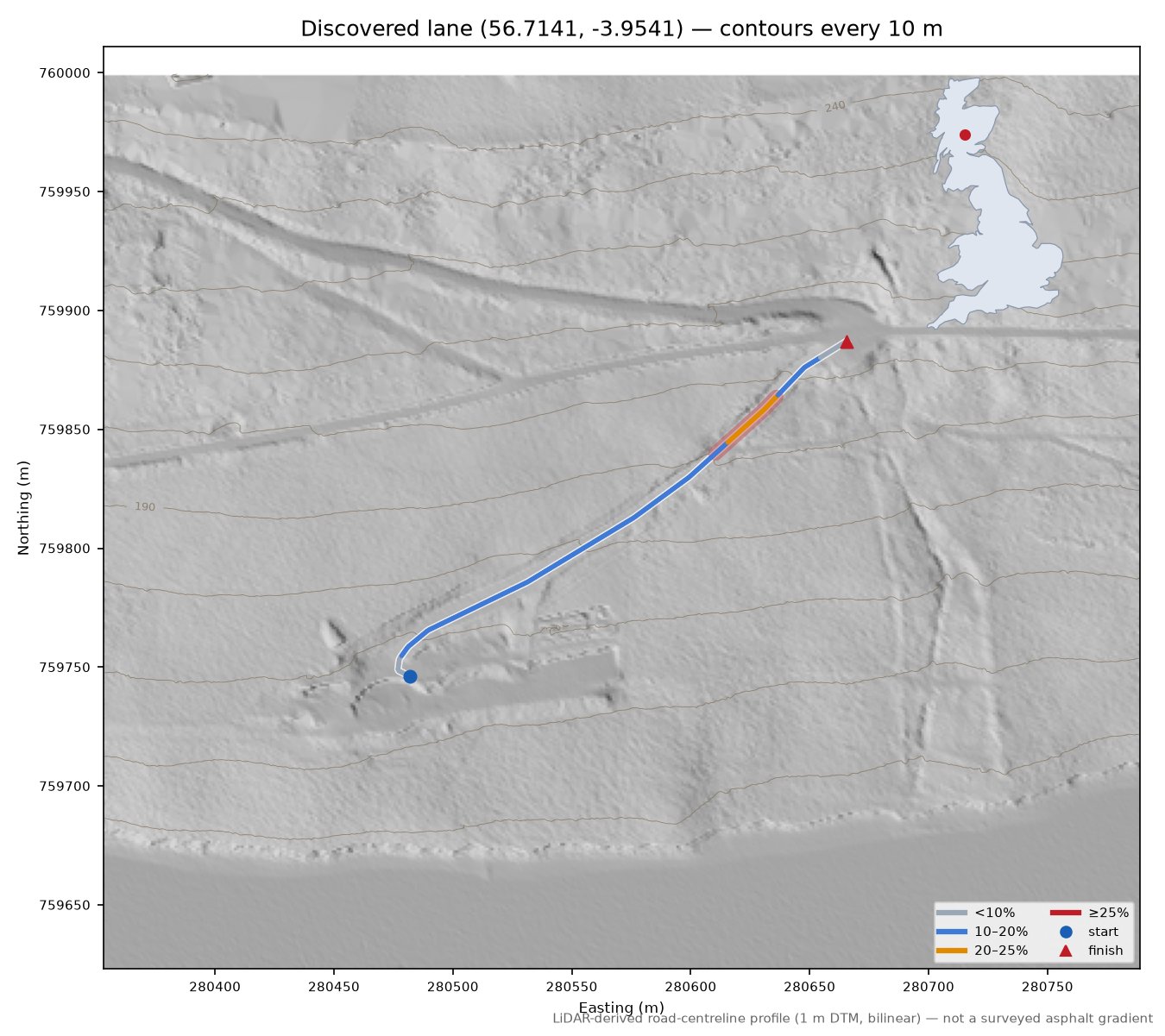 Discovered lane (56.7141, -3.9541) LiDAR hillshade map with contours