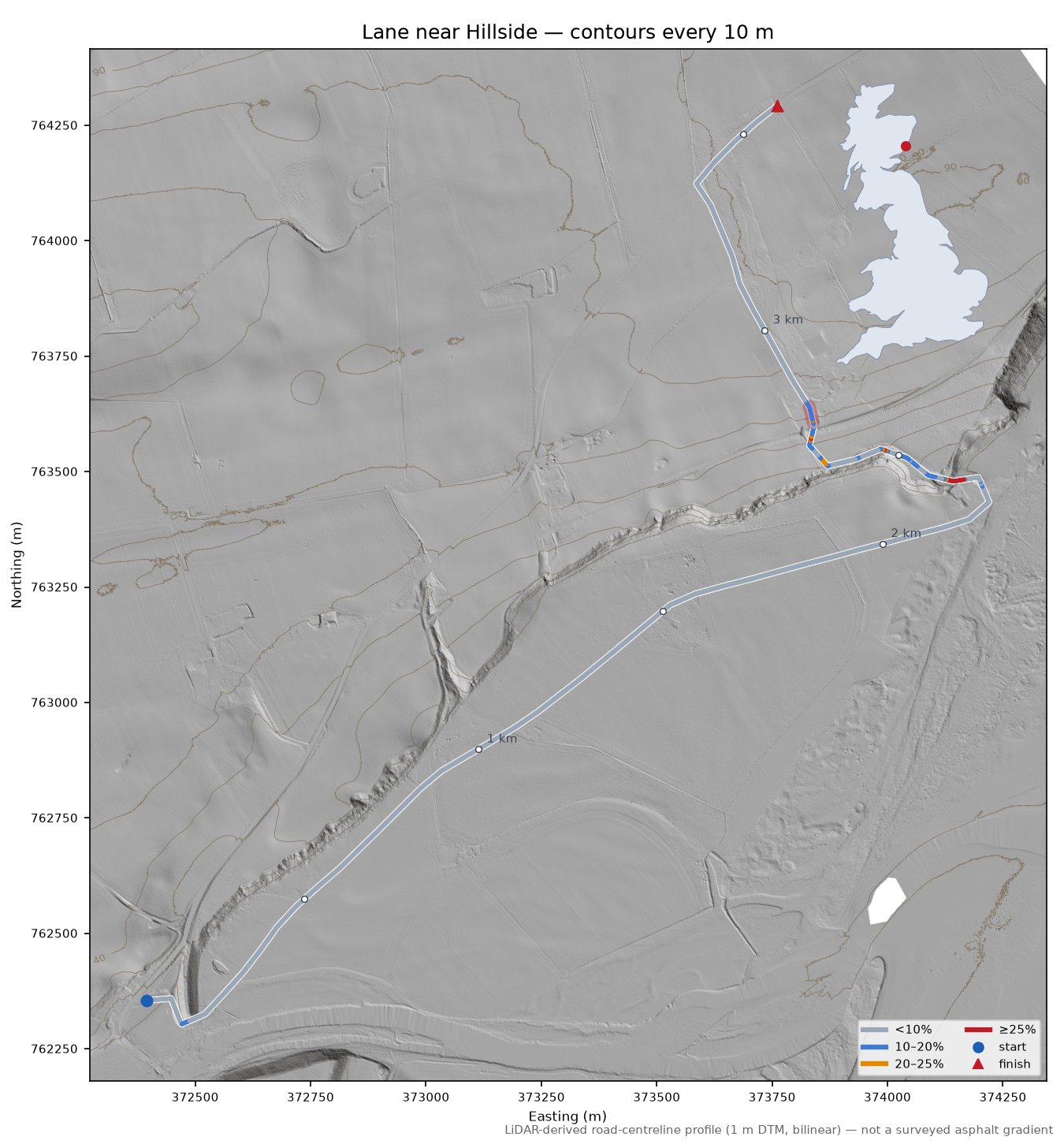 Lane near Hillside LiDAR hillshade map with contours