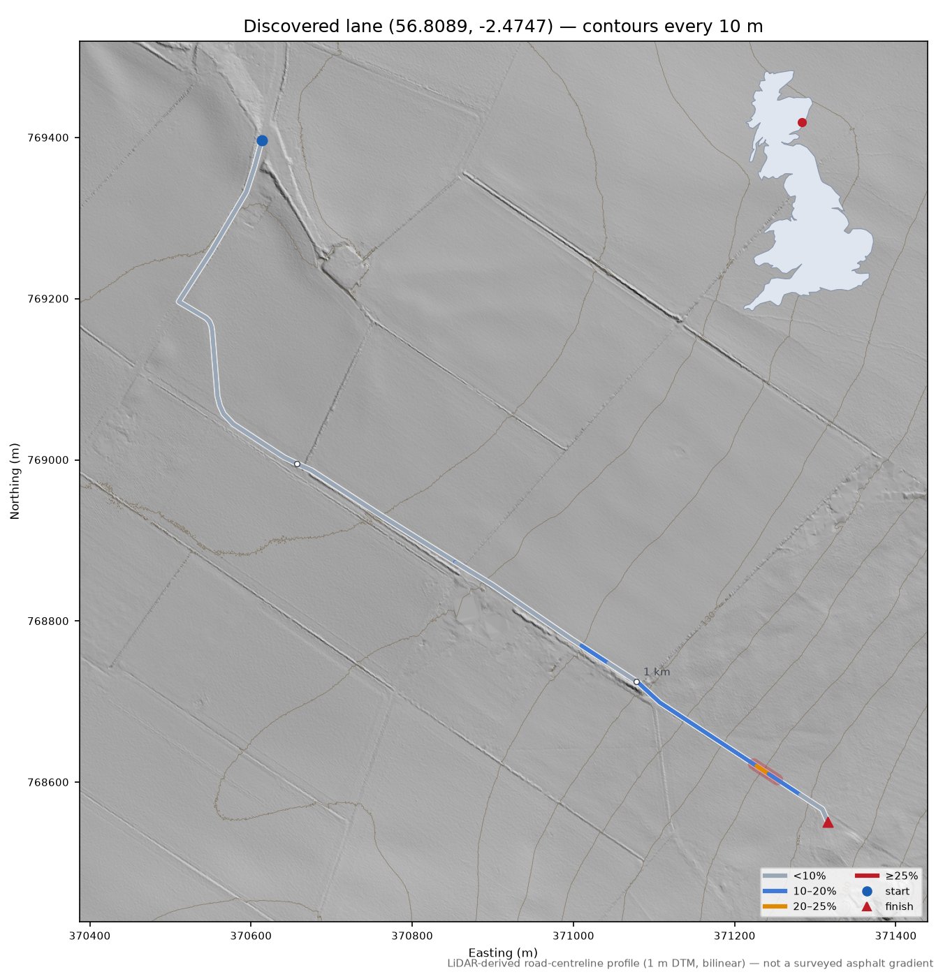 Discovered lane (56.8089, -2.4747) LiDAR hillshade map with contours