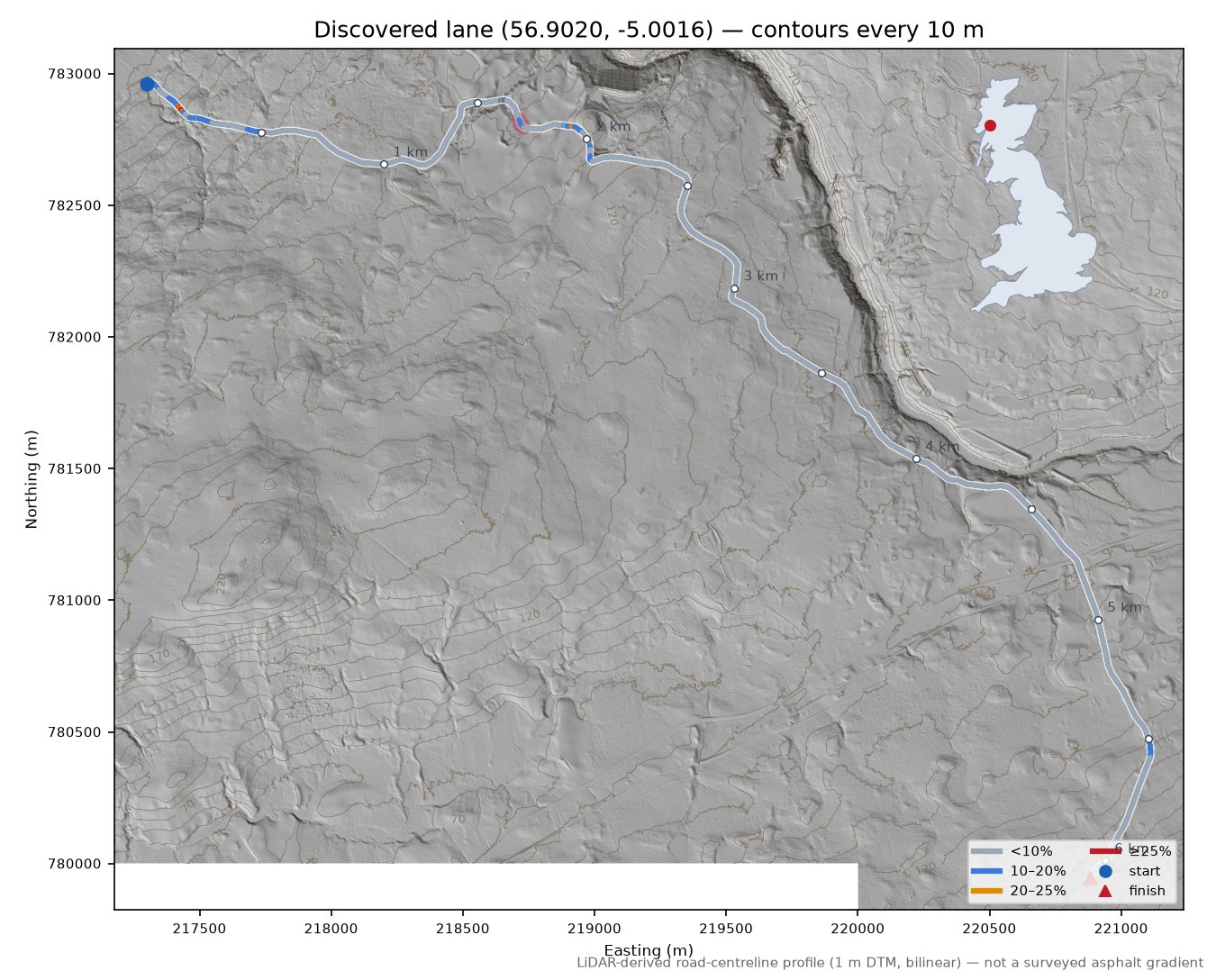 Discovered lane (56.9020, -5.0016) LiDAR hillshade map with contours
