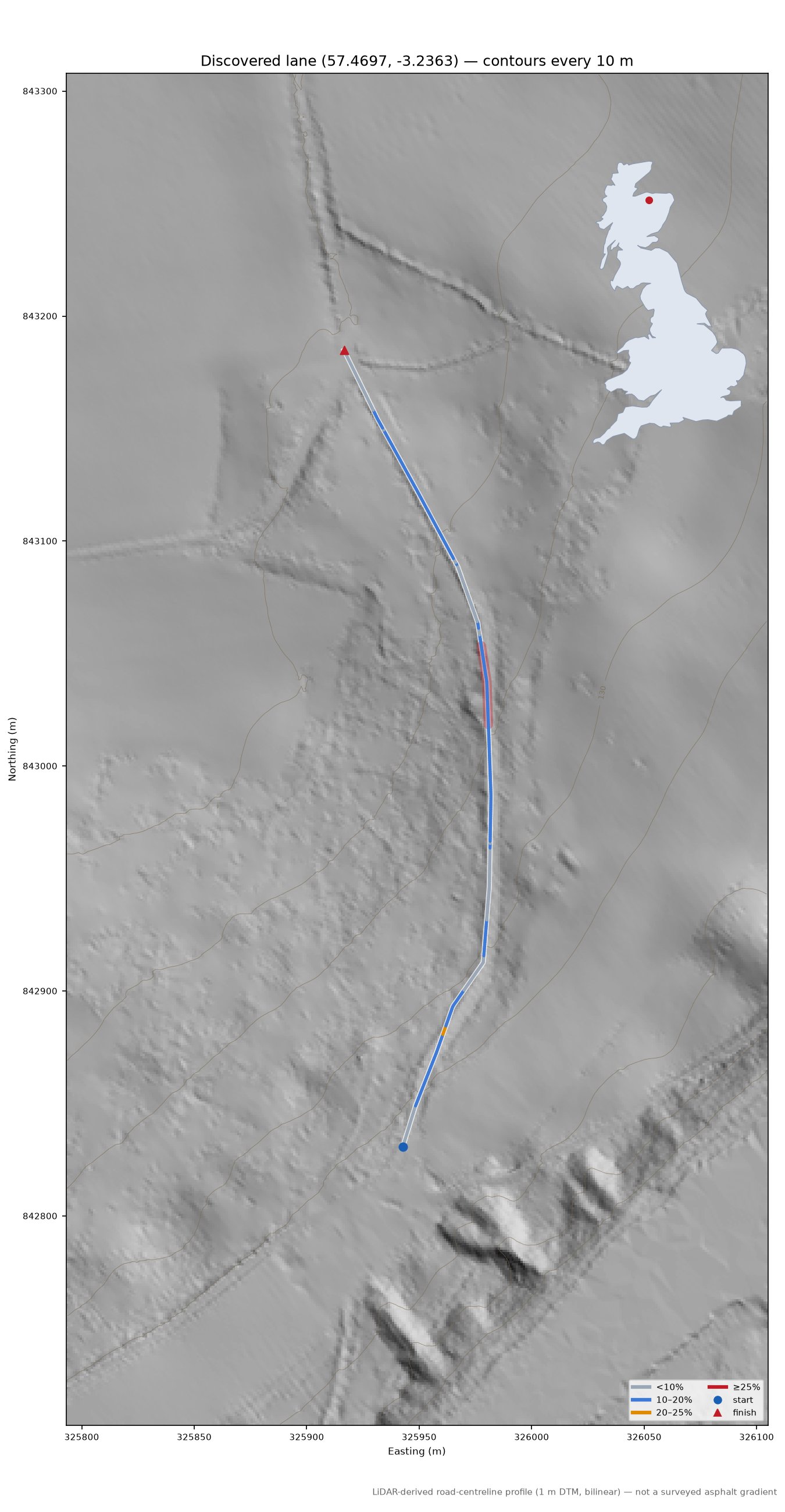 Discovered lane (57.4697, -3.2363) LiDAR hillshade map with contours