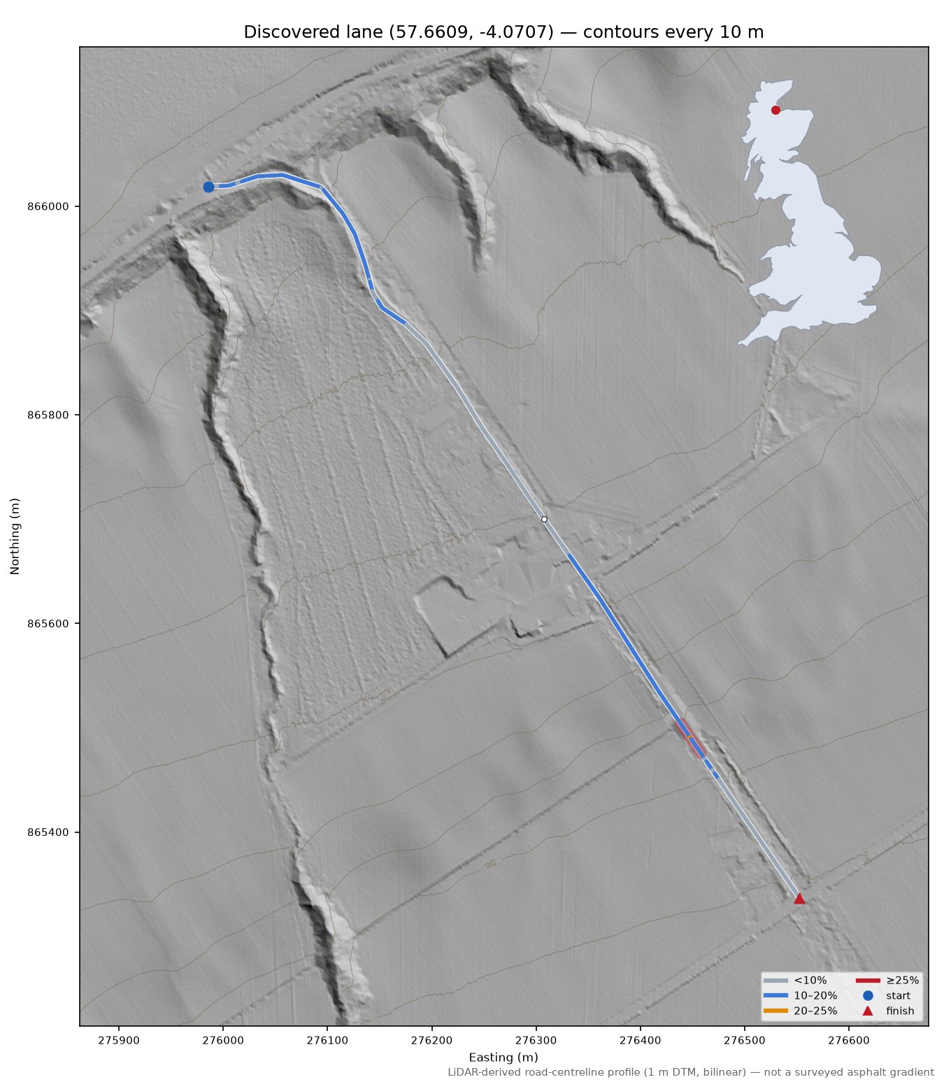 Discovered lane (57.6609, -4.0707) LiDAR hillshade map with contours