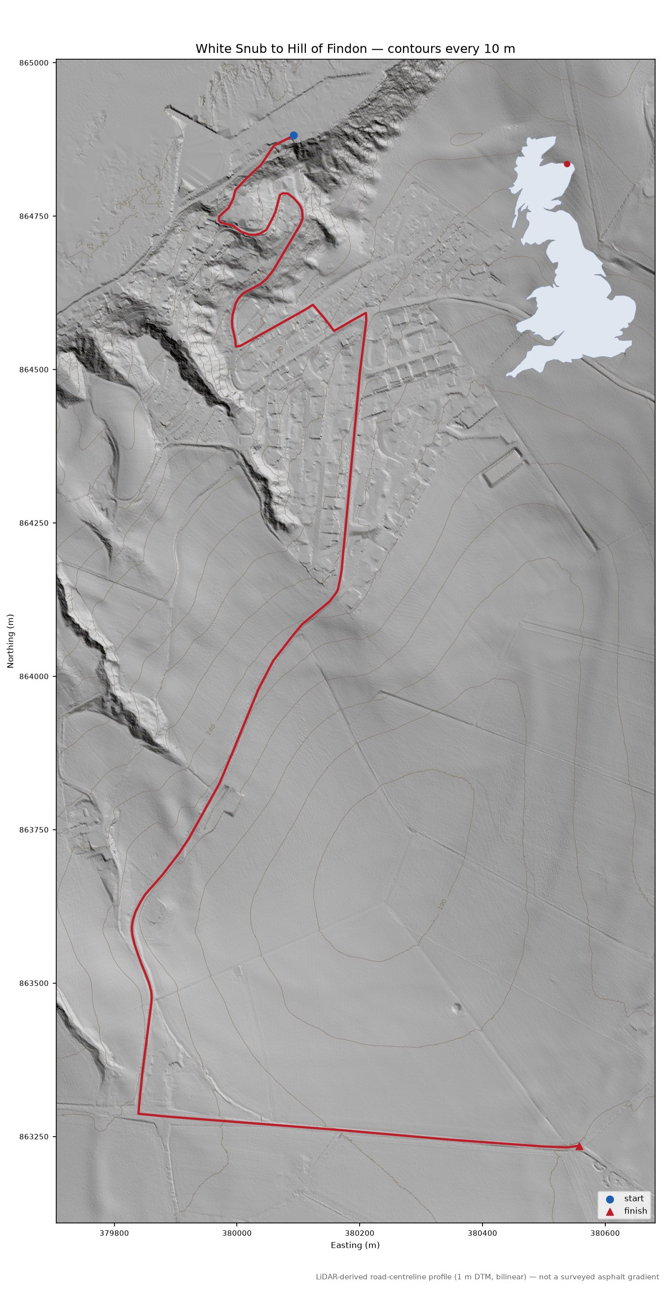 White Snub to Hill of Findon LiDAR hillshade map with contours