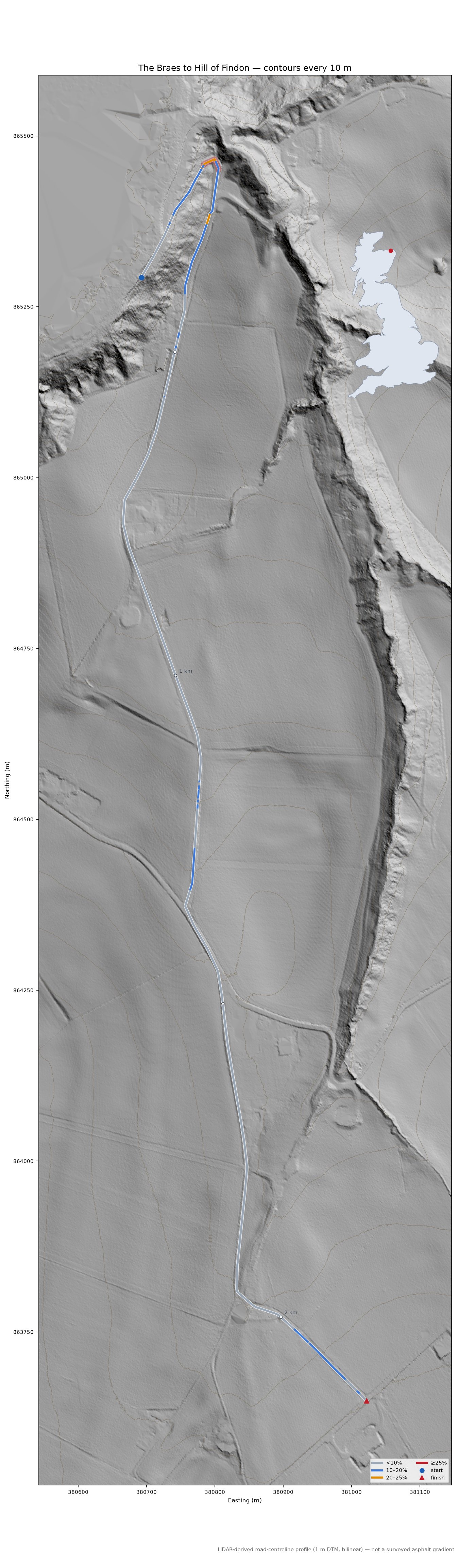 The Braes to Hill of Findon LiDAR hillshade map with contours