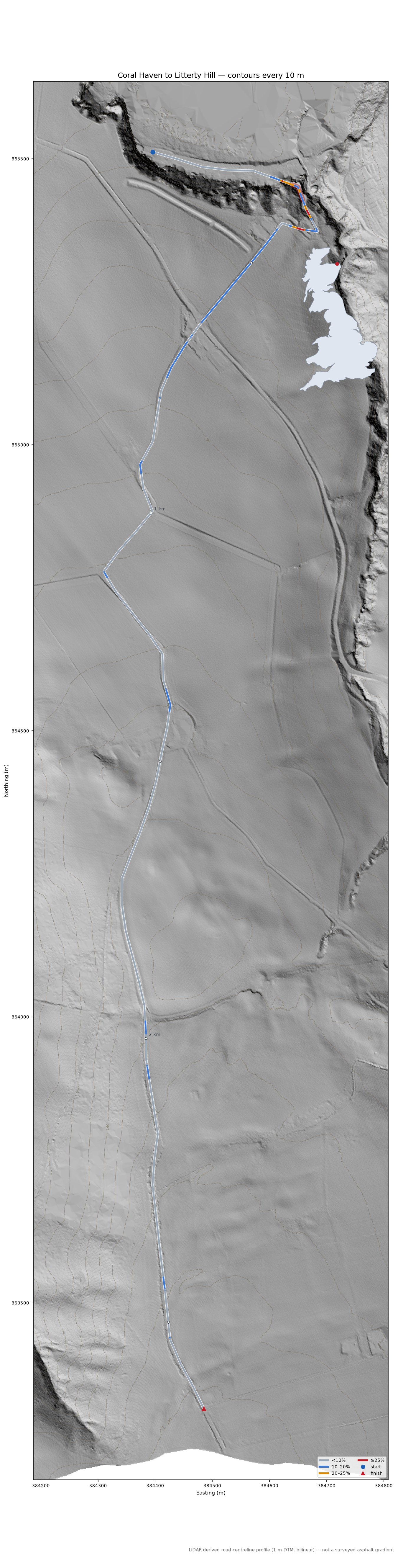 Coral Haven to Litterty Hill LiDAR hillshade map with contours